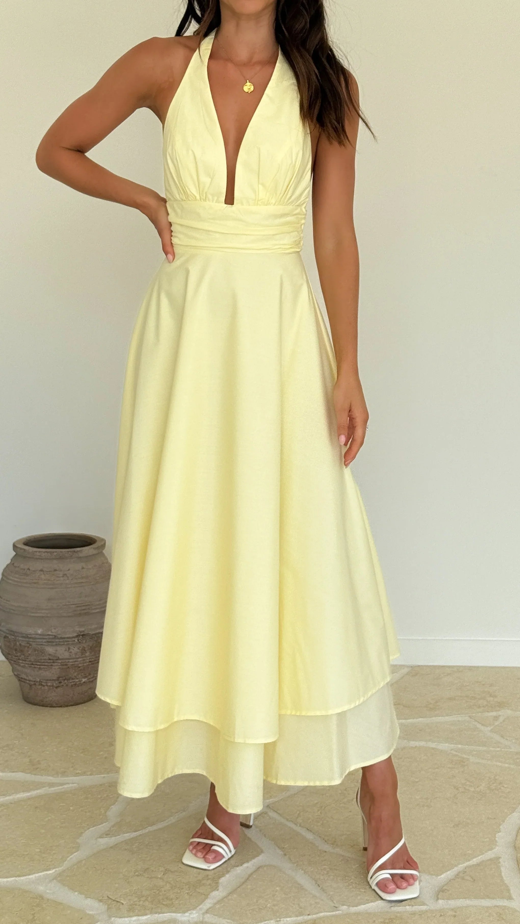 Kathy Halter Neck Maxi Dress Lemon