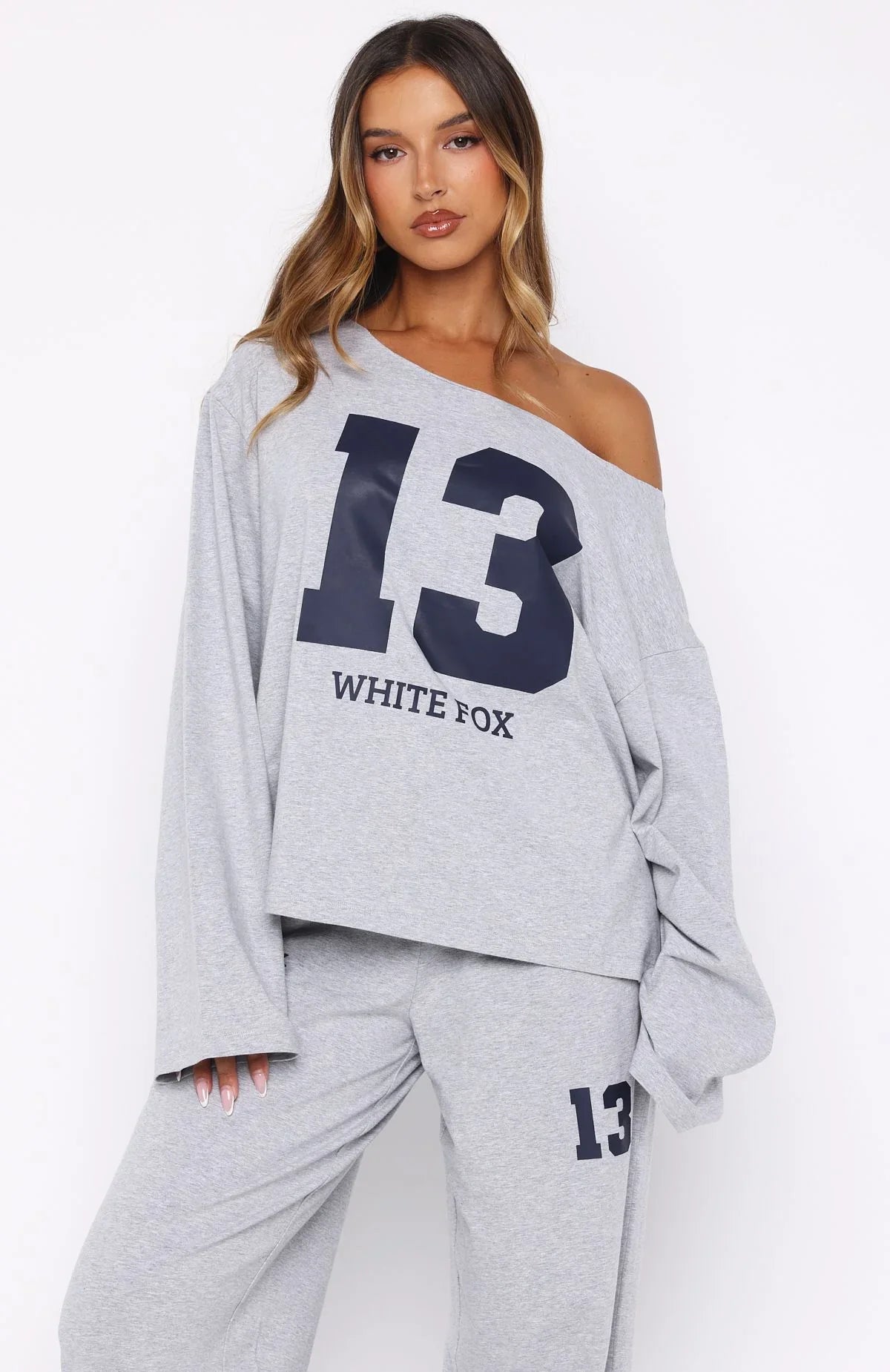 Only One Left Off Shoulder Oversized Long Sleeve Tee Grey Marle