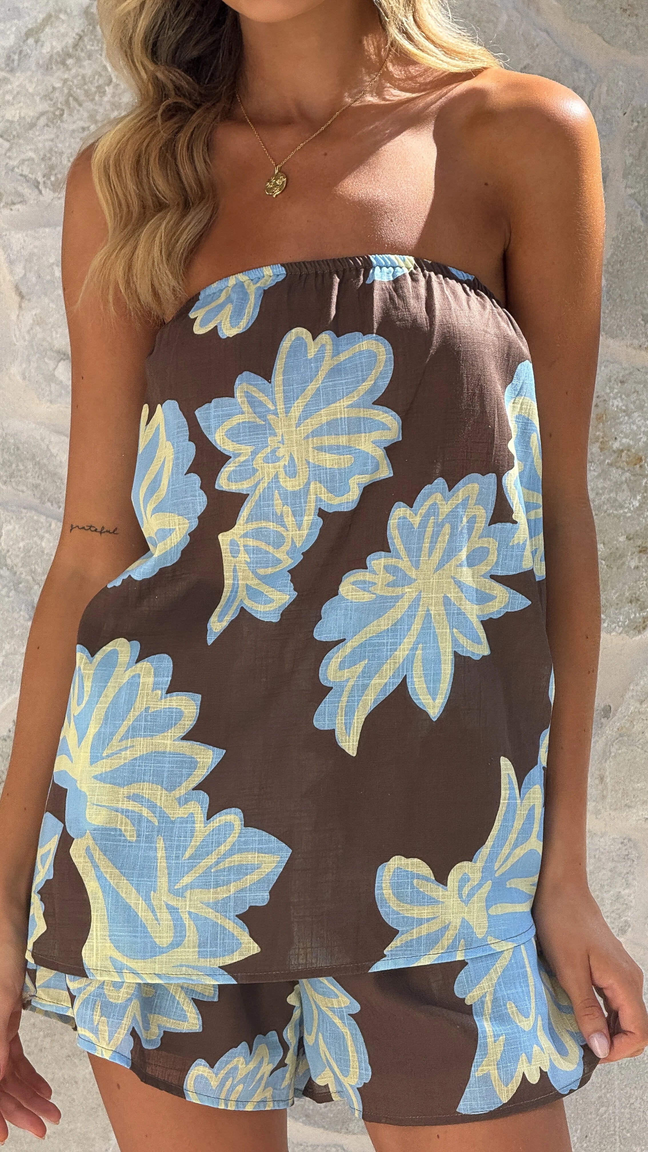 Calliope Strapless Top and Shorts Set Brown Blue Floral