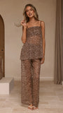 Zarina Sequin Long Line Top and Pants Set Mocha
