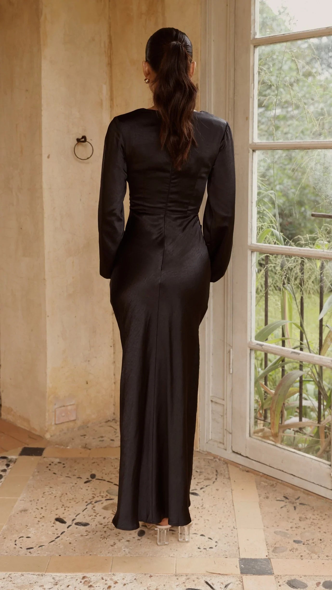 Ivy Long Sleeve Tie Front Maxi Dress Black