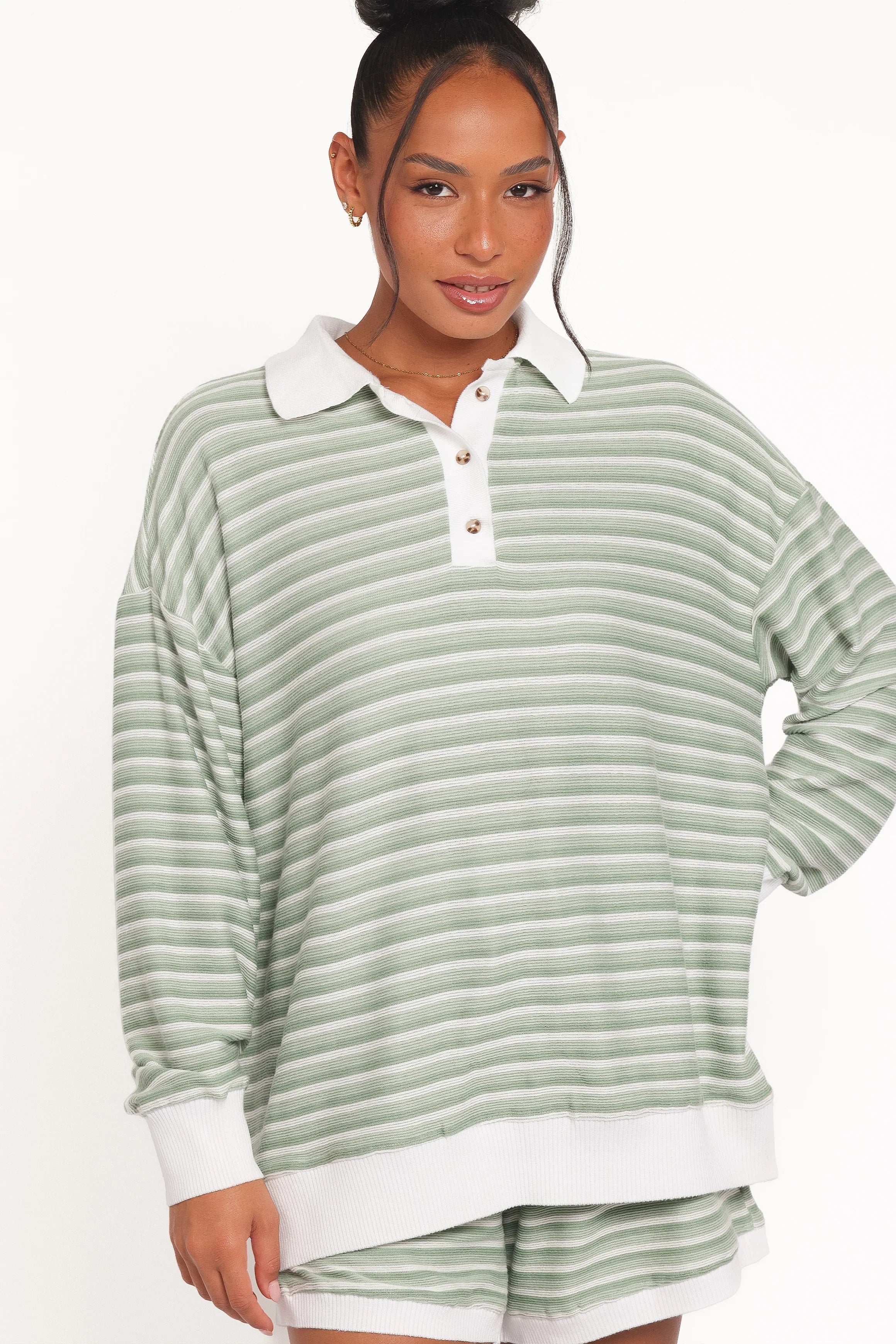 Dealia Knit Short Set Sage Stripe