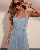 Breya Belted Denim Halter Neck Jumpsuit