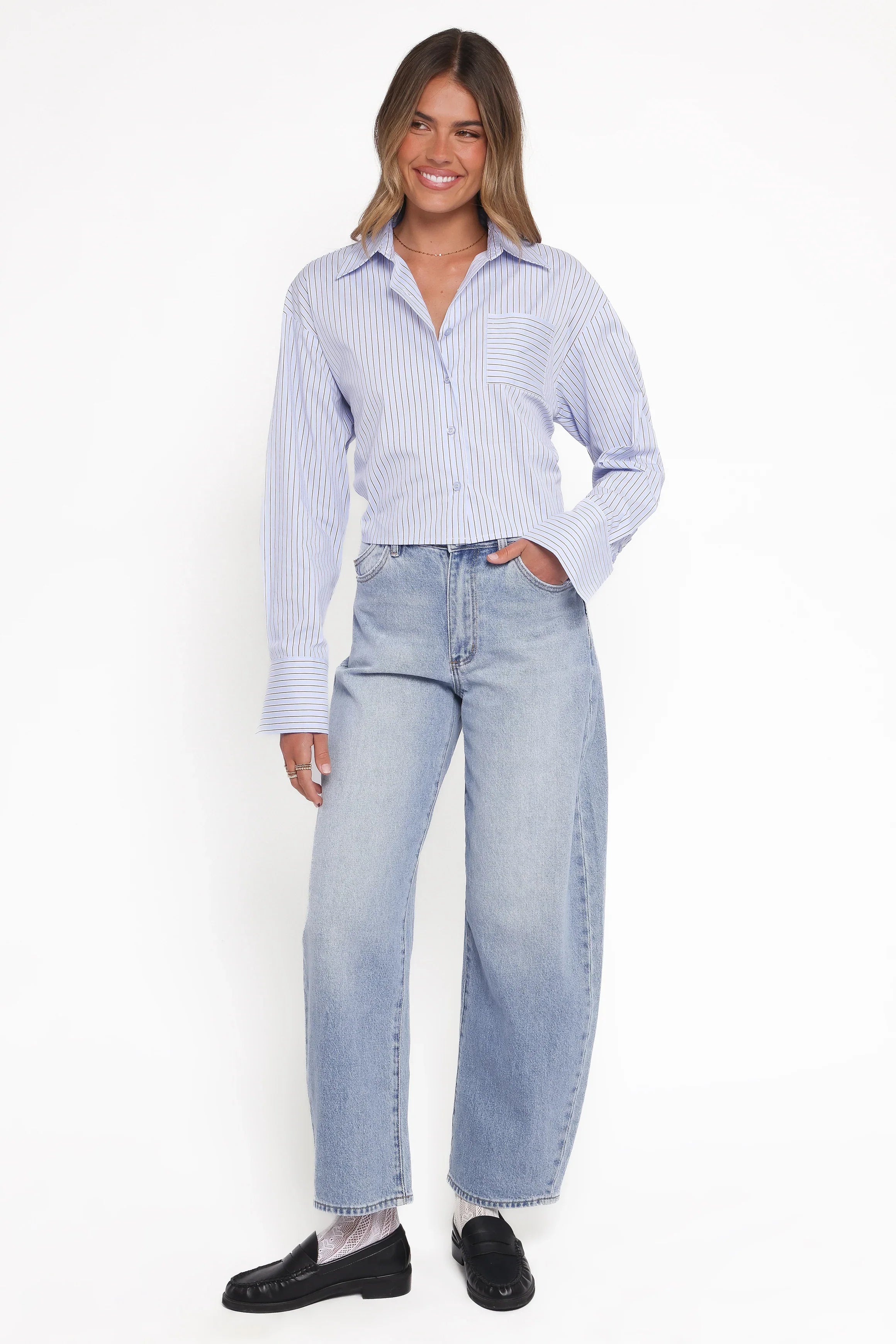 Vienne Tie Back Button Up Shirt Blue Brown Stripe