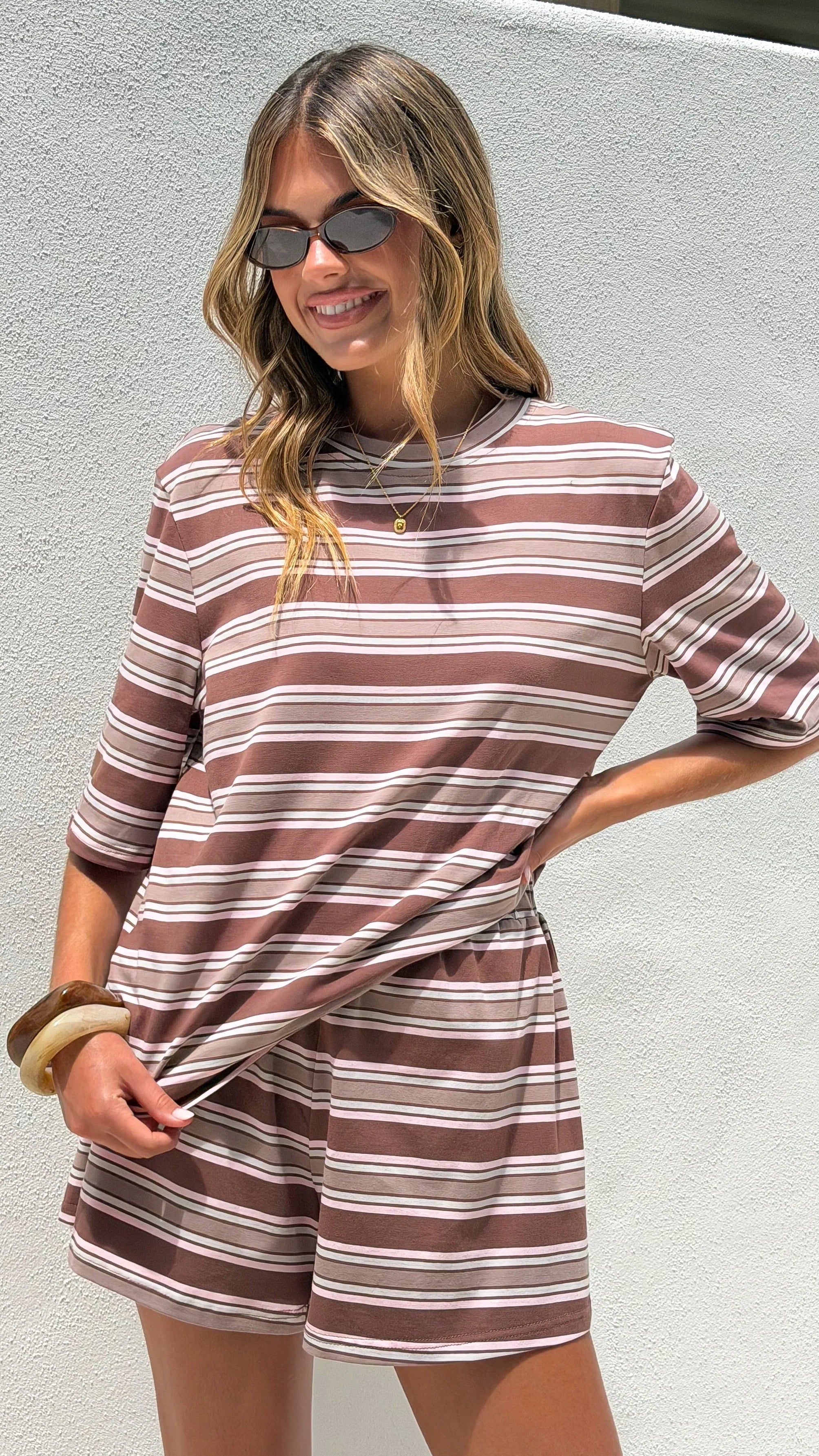 Stevie Crew Neck Tee Chocolate Beige Stripe