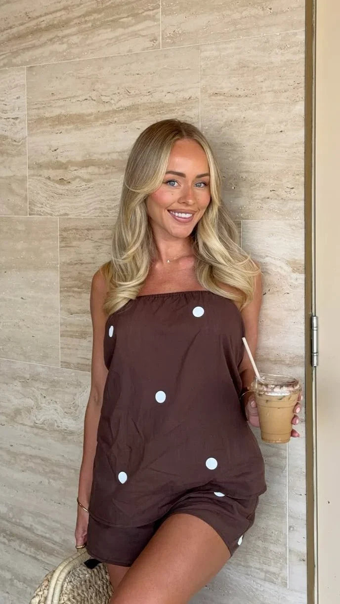 Calliope Strapless Top and Shorts Set Brown White Polka