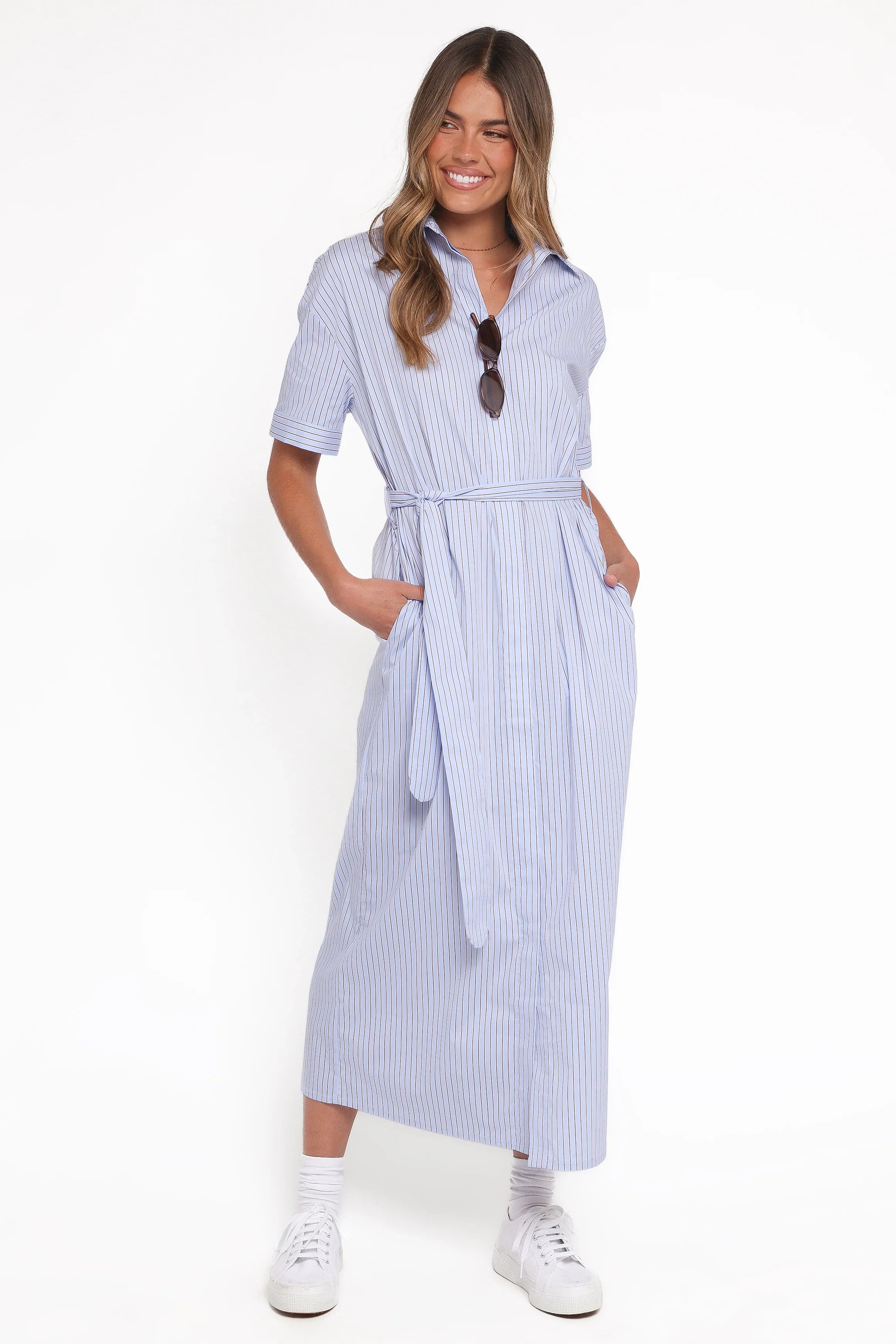 Morrison Short Sleeve Shirt Dress Blue Brown Stripe