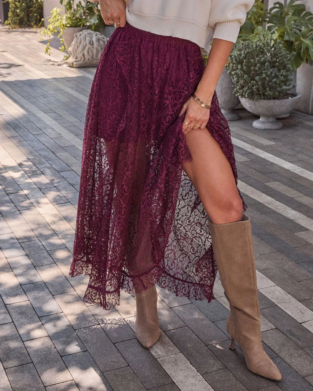 Mulled Wine Lace Midi Skirt