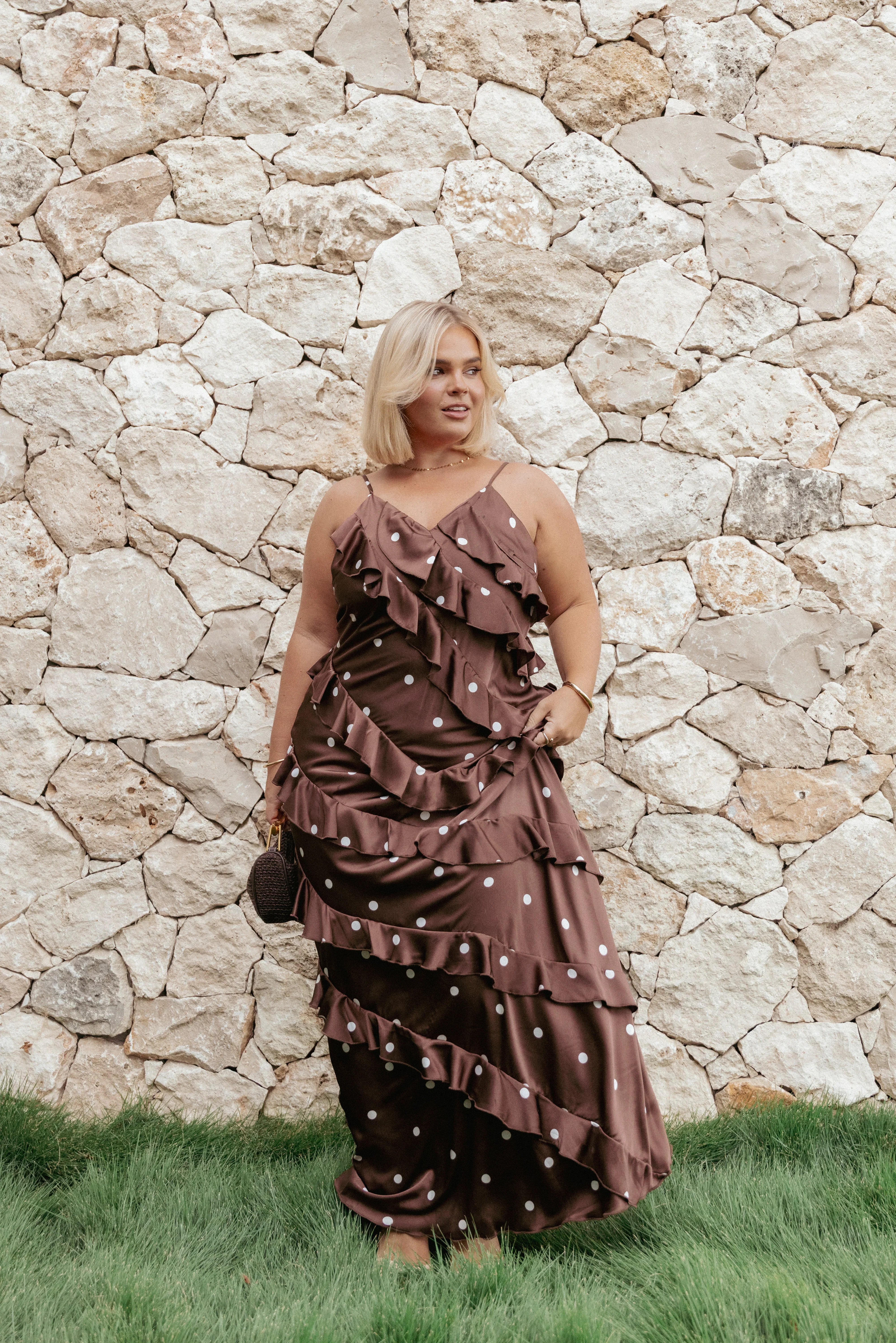 Ciao Ruffles Maxi Satin Dress Brown Polka Dot