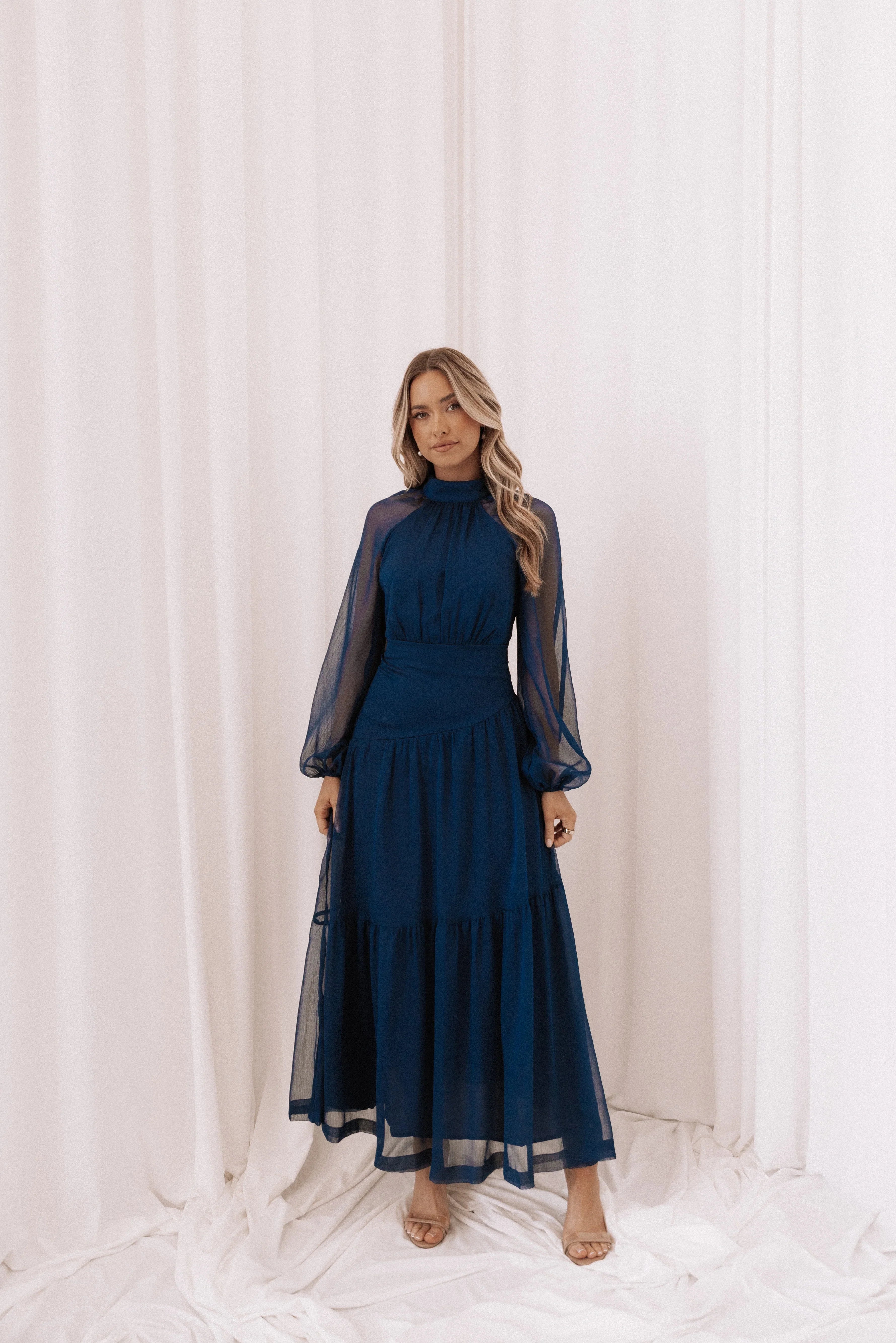 Julip Sheer Long Sleeve Maxi Dress Navy