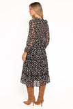 Edwina Shirred Frill Long Sleeve Midi Dress Black Ditsy Floral