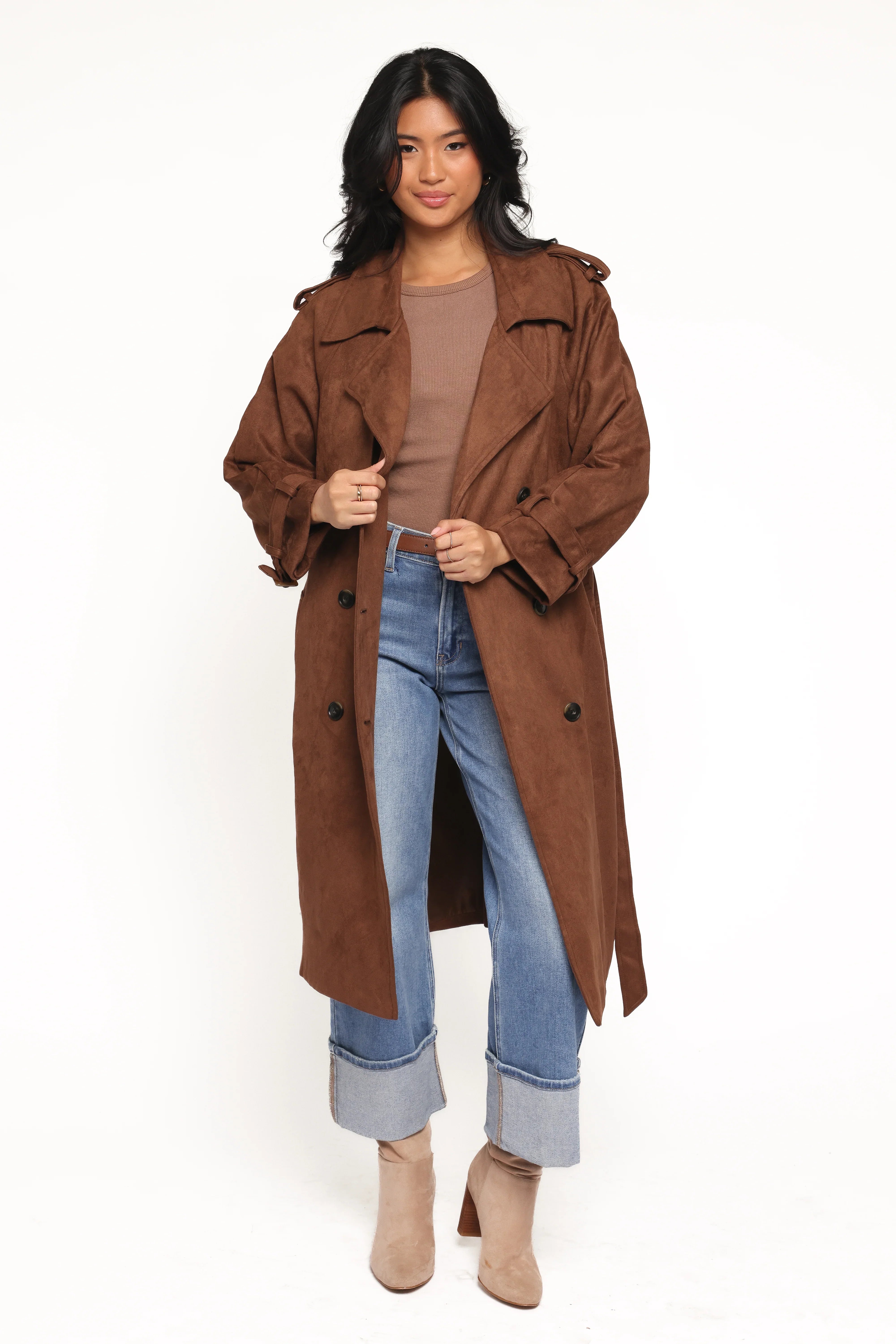 Micha Faux Suede Trench Coat Brown