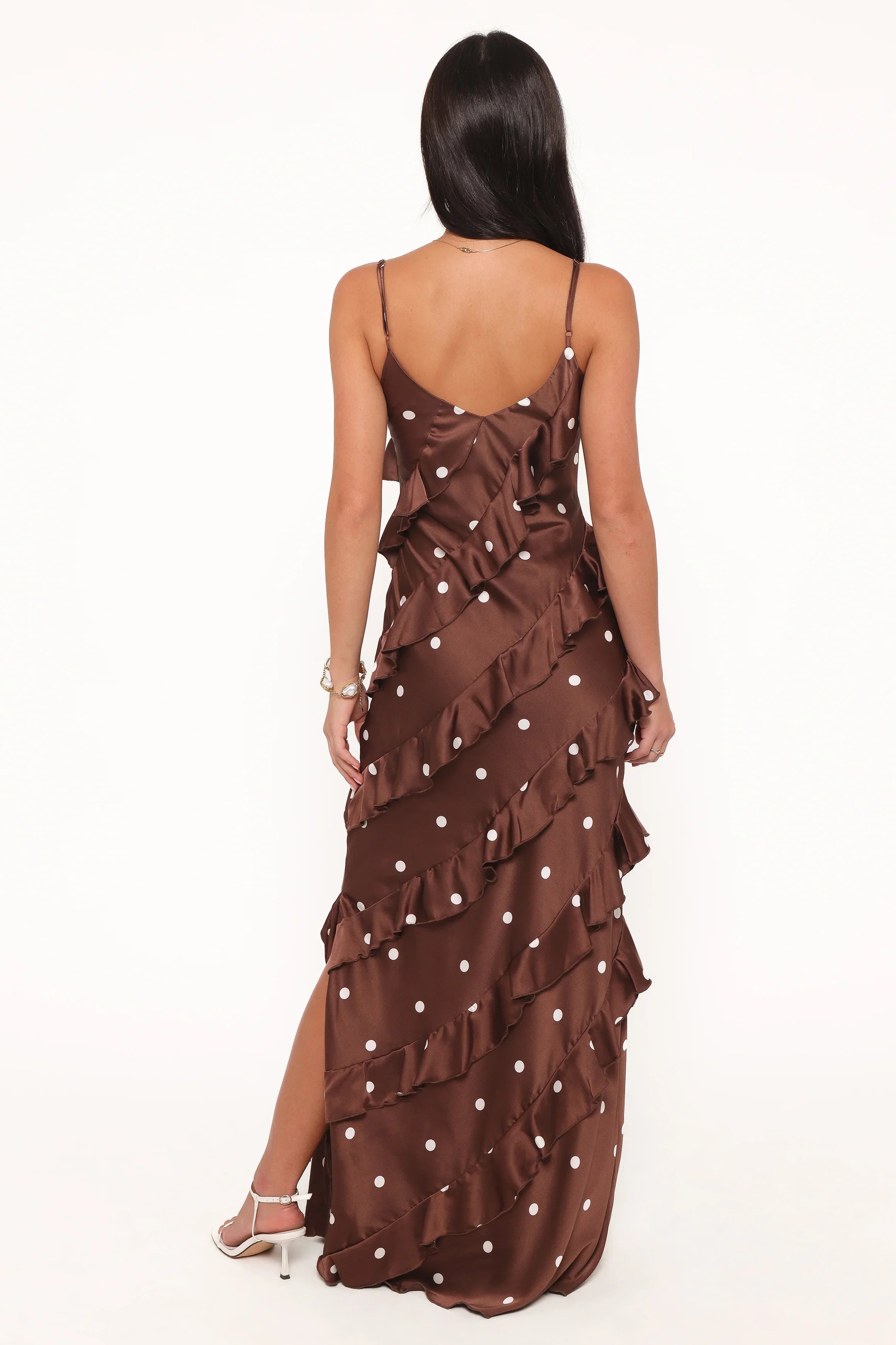 Ciao Ruffles Maxi Satin Dress Brown Polka Dot