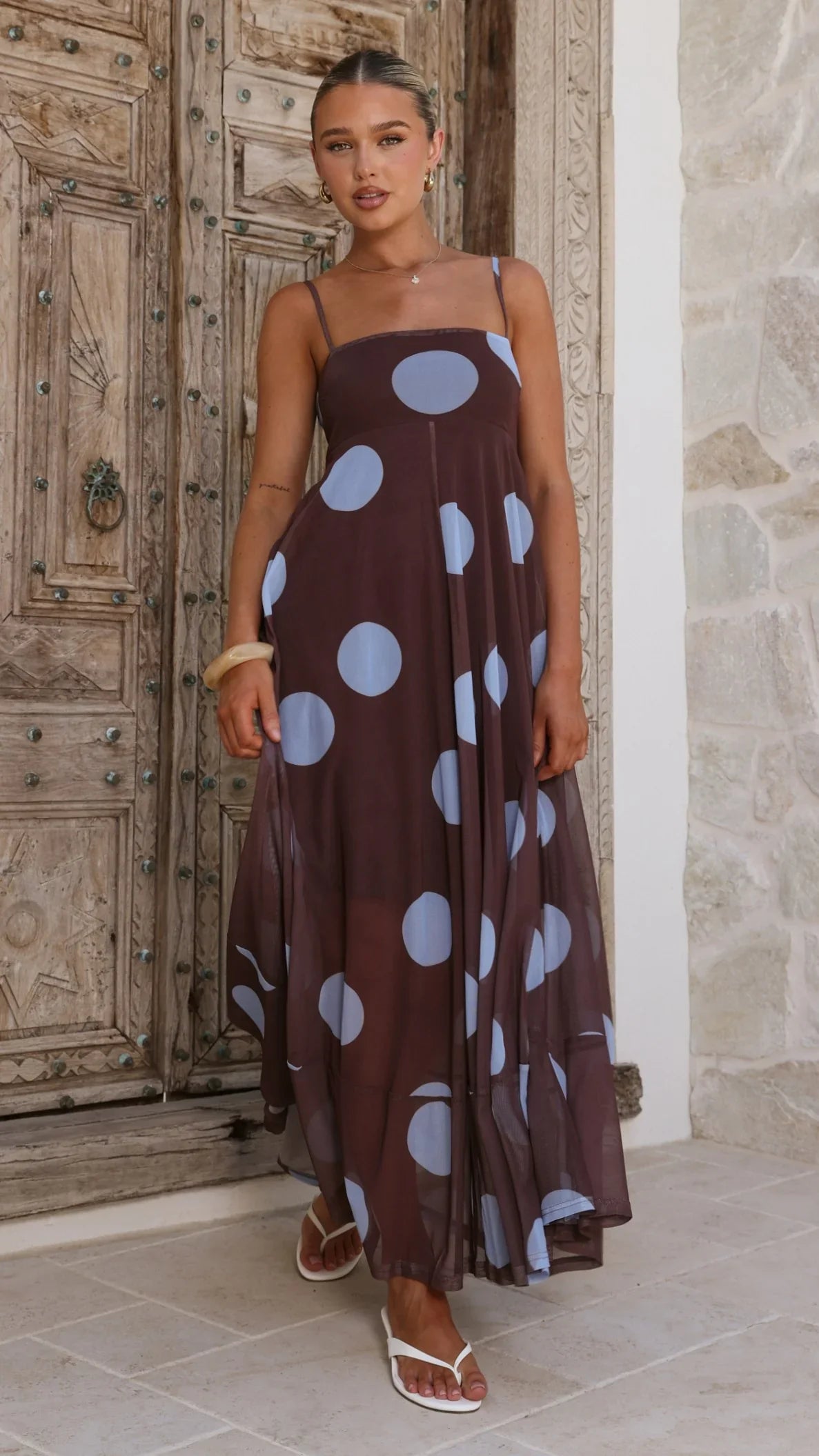Melinda Mesh Maxi Dress Brown Blue Polka Dot