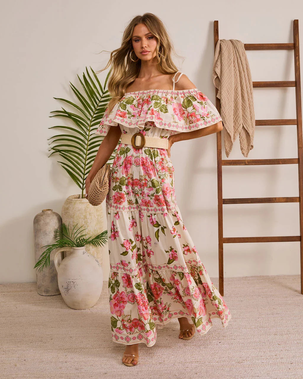 Morning Ease Belted Off The Shoulder Floral Maxi Dress