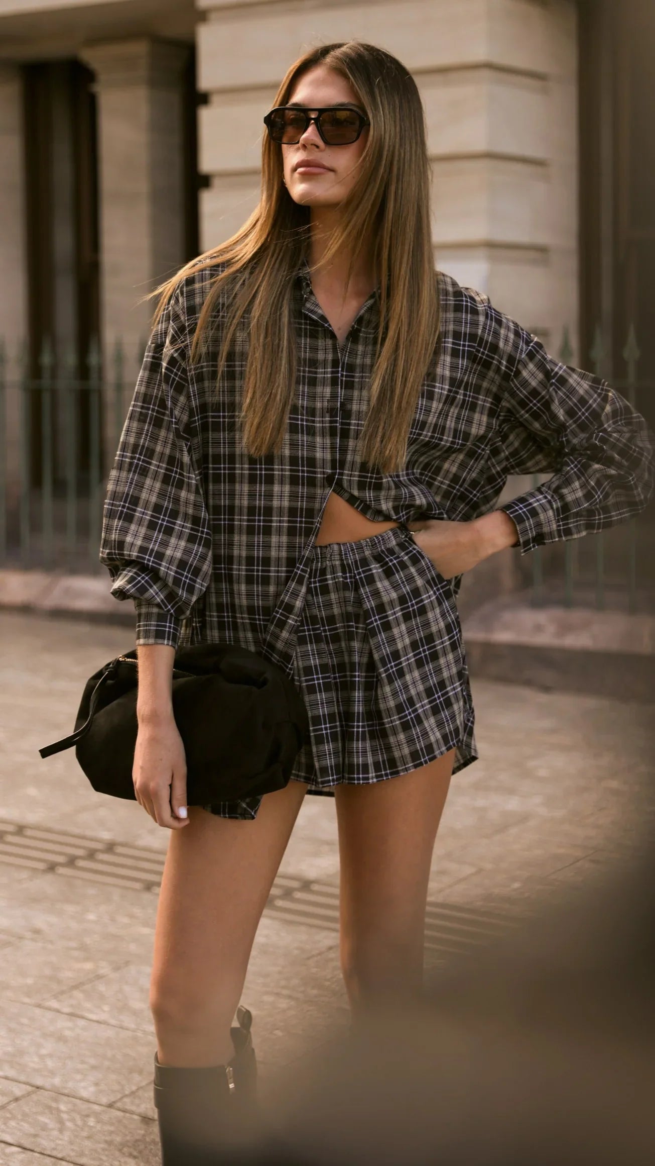 Arli Button Up Shirt Black Beige Plaid