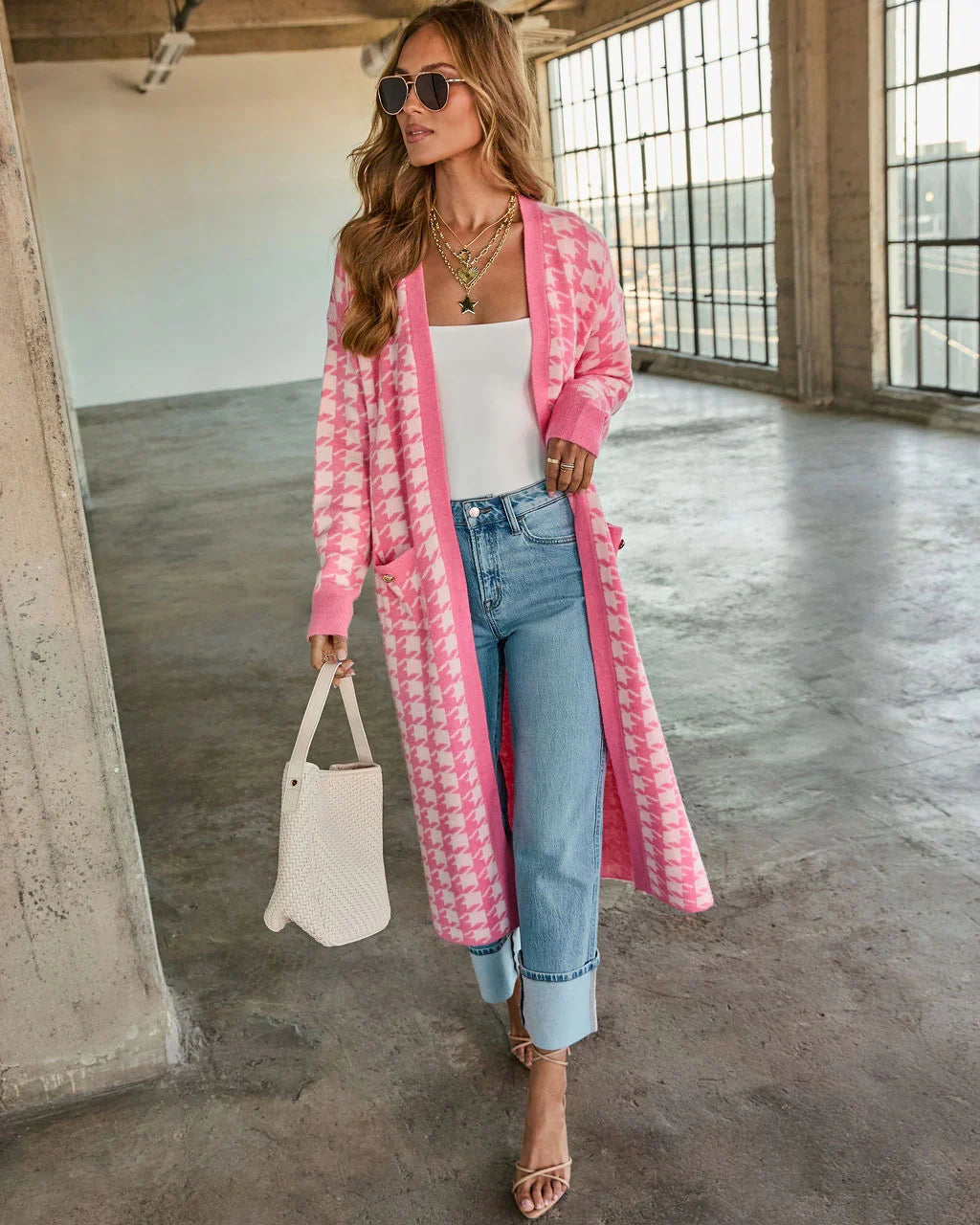 Chill Edit Houndstooth Longline Cardigan