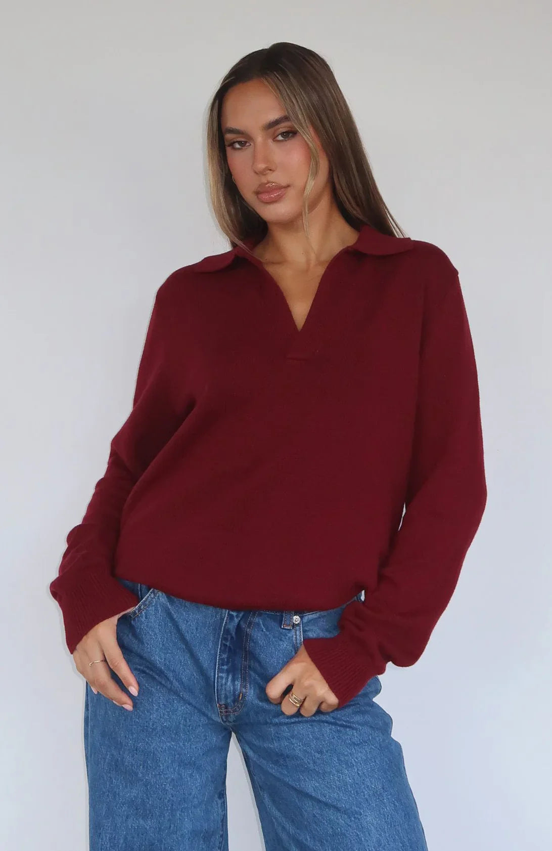 Must Be You Knitted Polo Sweater Burgundy