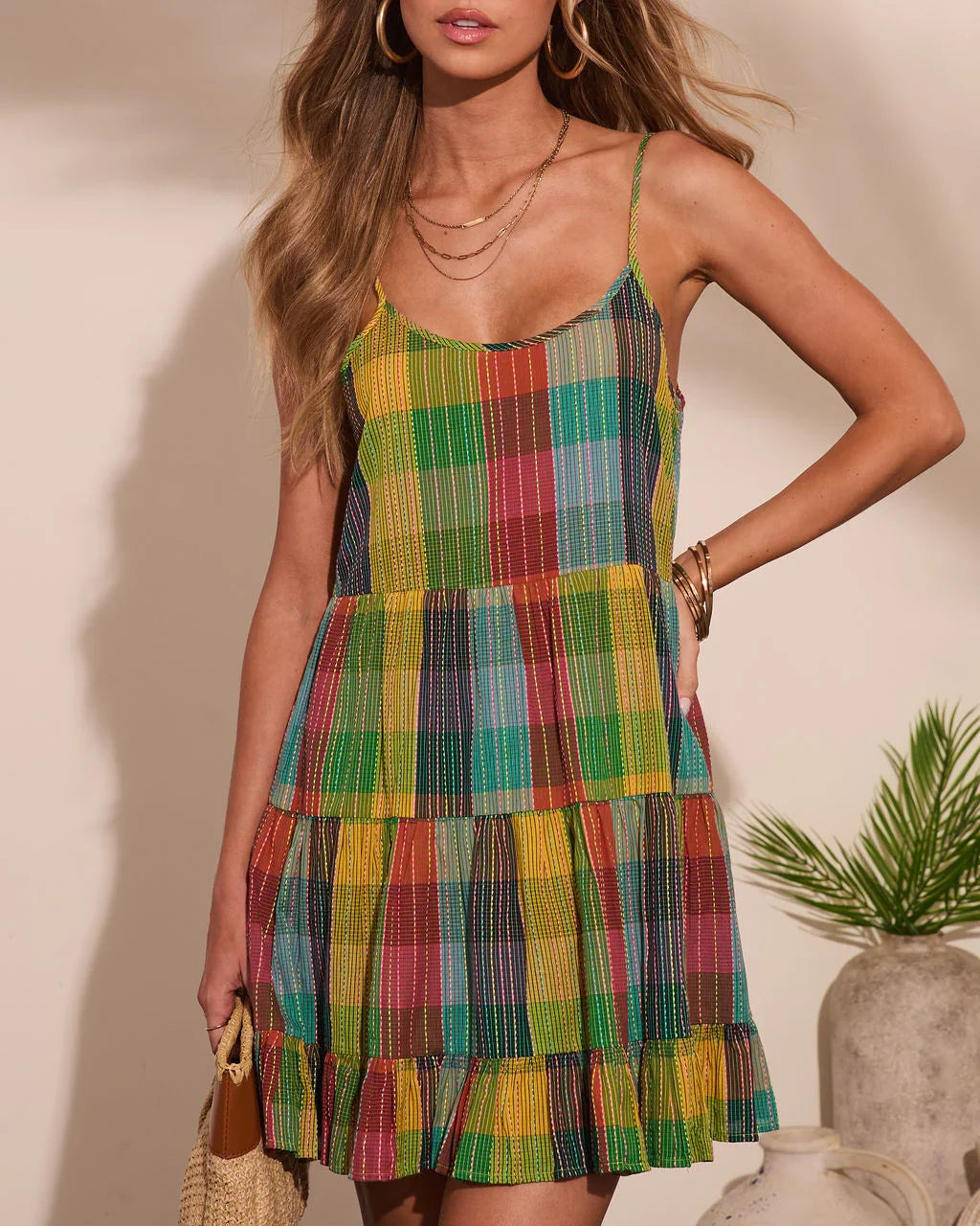 Solivra Shift Cotton Plaid Mini Dress