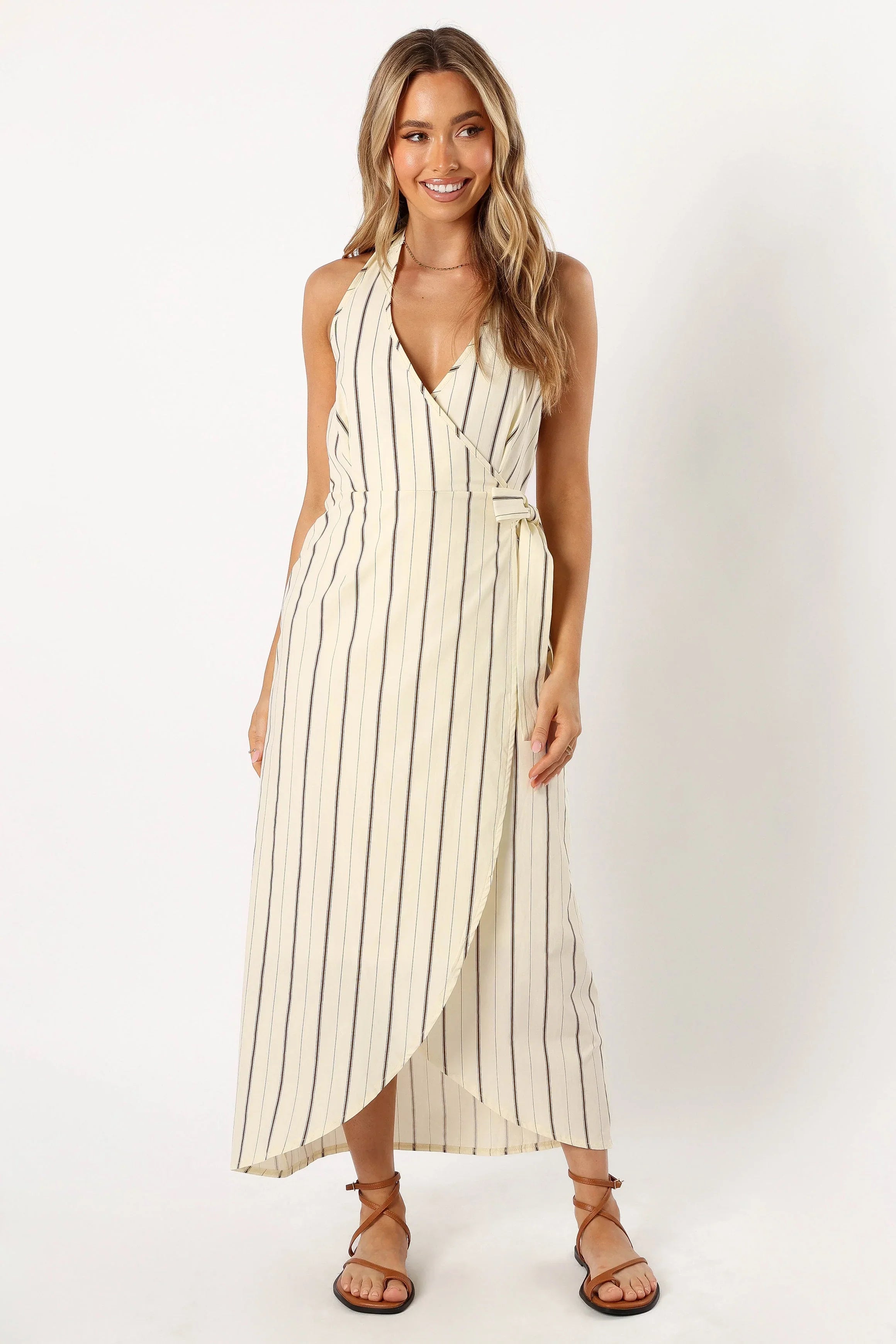 Abigail Wrap Midi Dress Beige Stripe