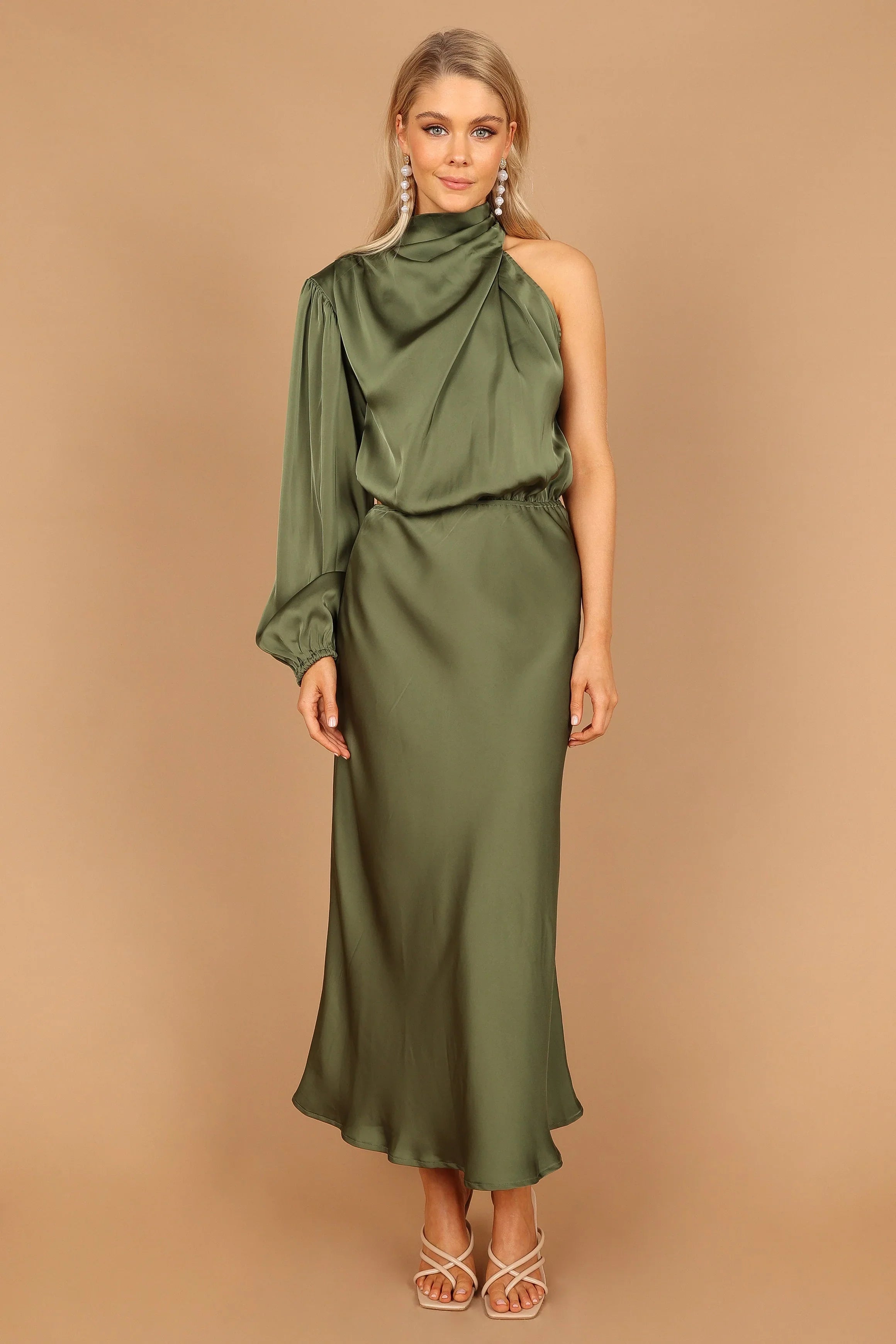 Amelie One Shoulder Midi Dress Olive