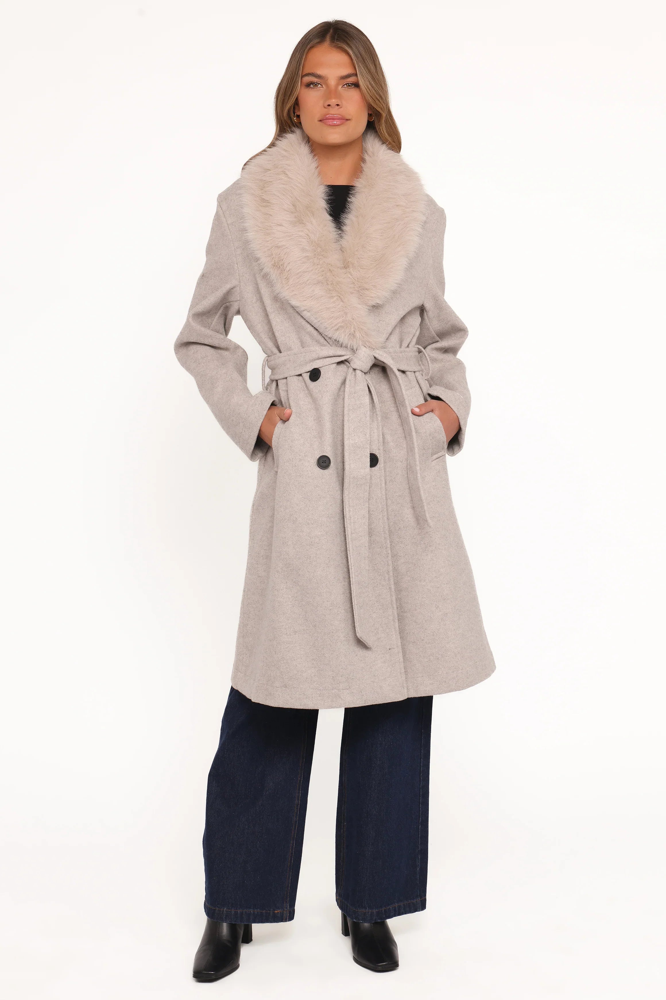 Nina Fur Collar Tie Waist Coat Cream