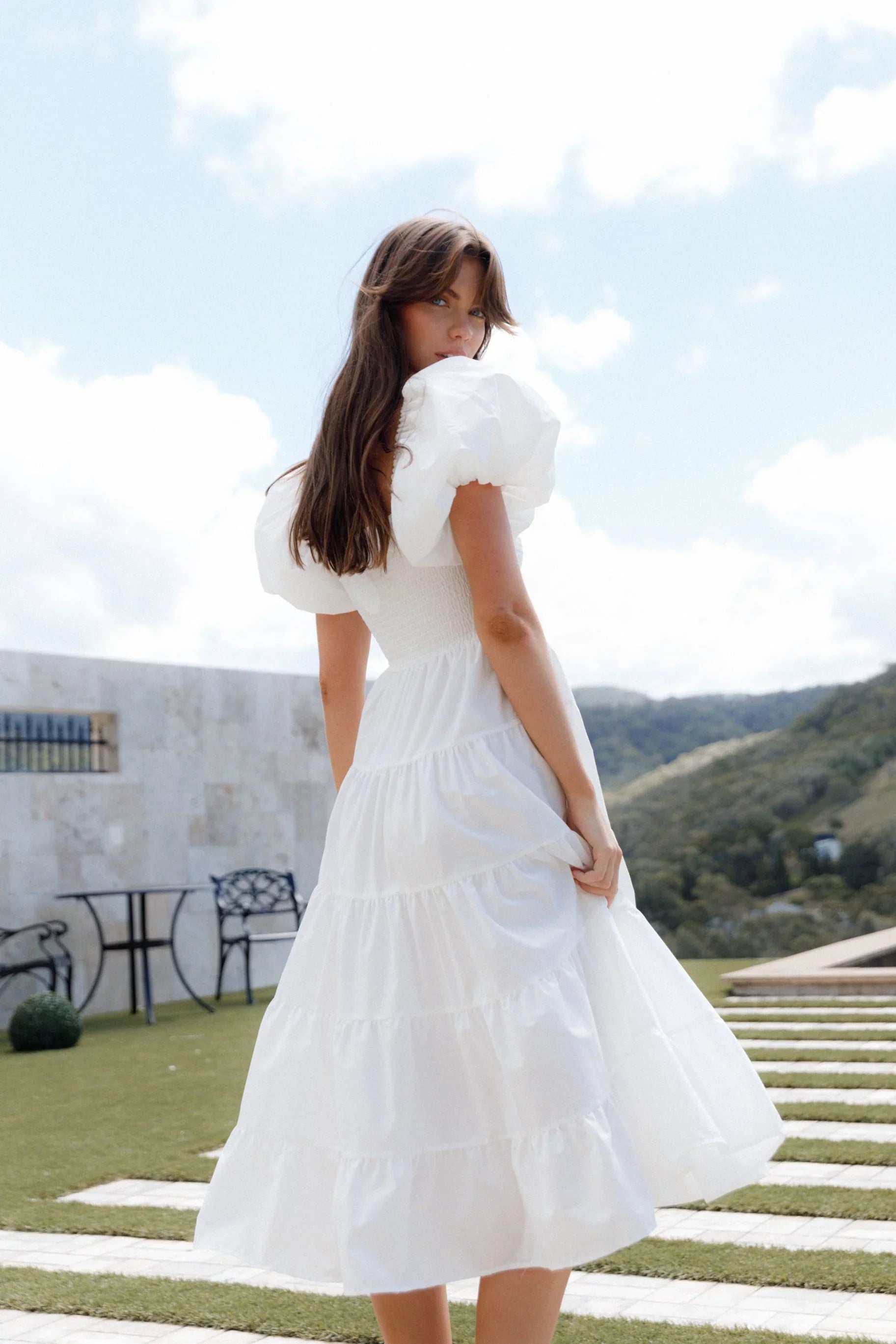 Annette Puff Sleeve Shirred Midi Dress White