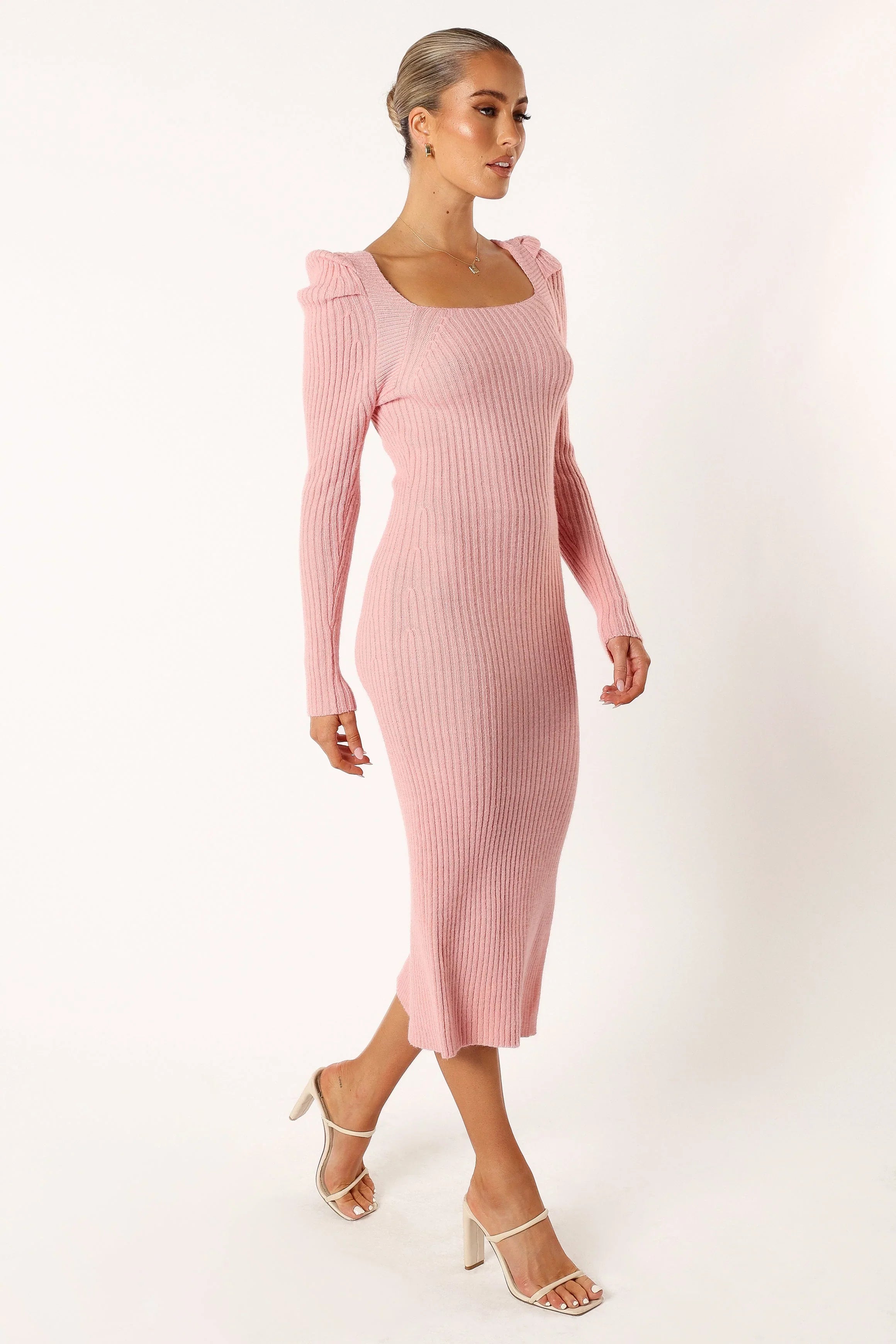 Camryn Puff Sleeve Knit Sweater Midi Dress Blush