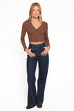 Leslie Long Sleeve Textured Button Front Top Chocolate
