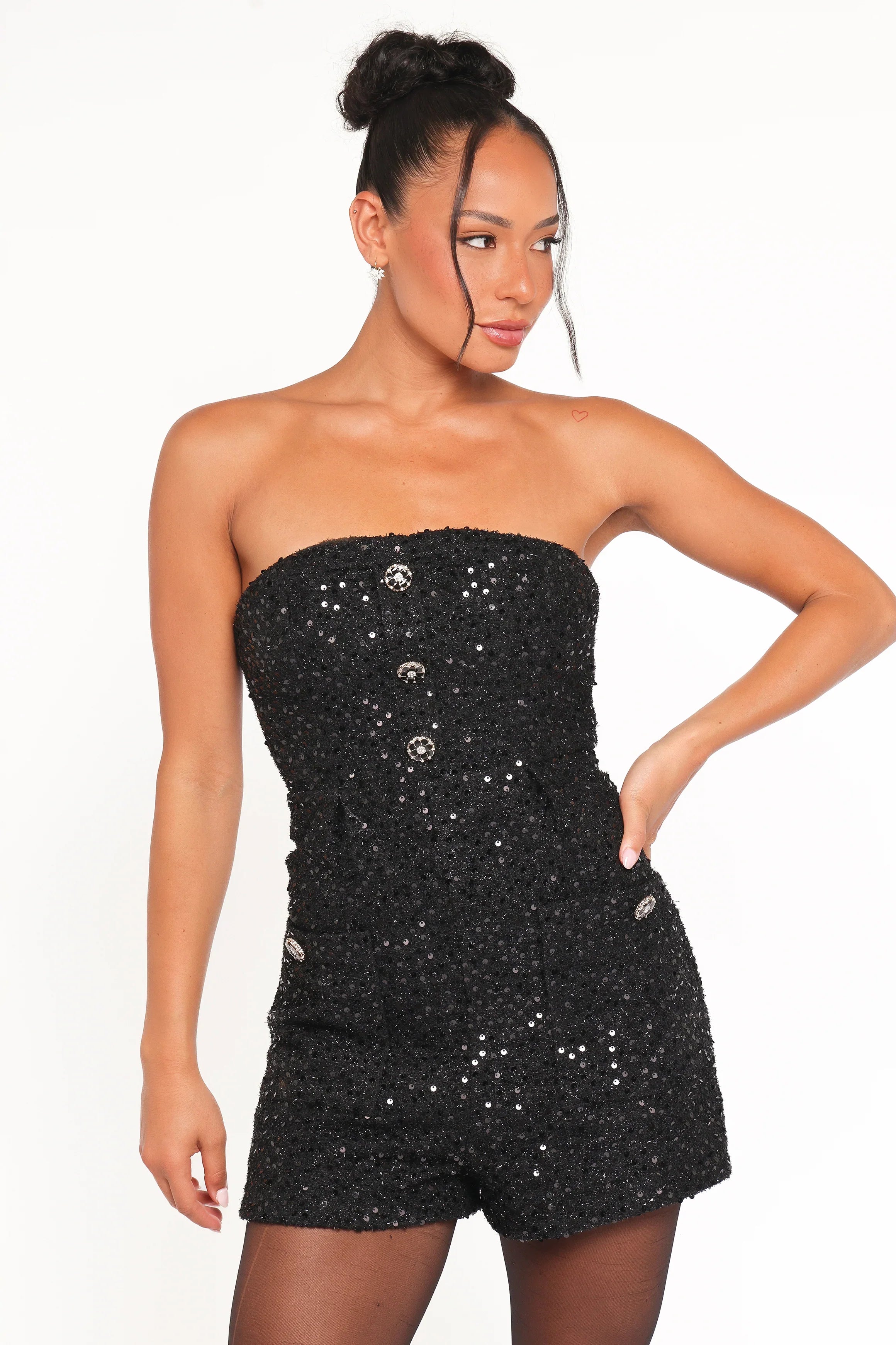 Madeline Strapless Tweed Romper Black
