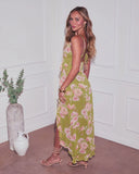 Capriccio Satin Floral Ruffle Maxi Dress
