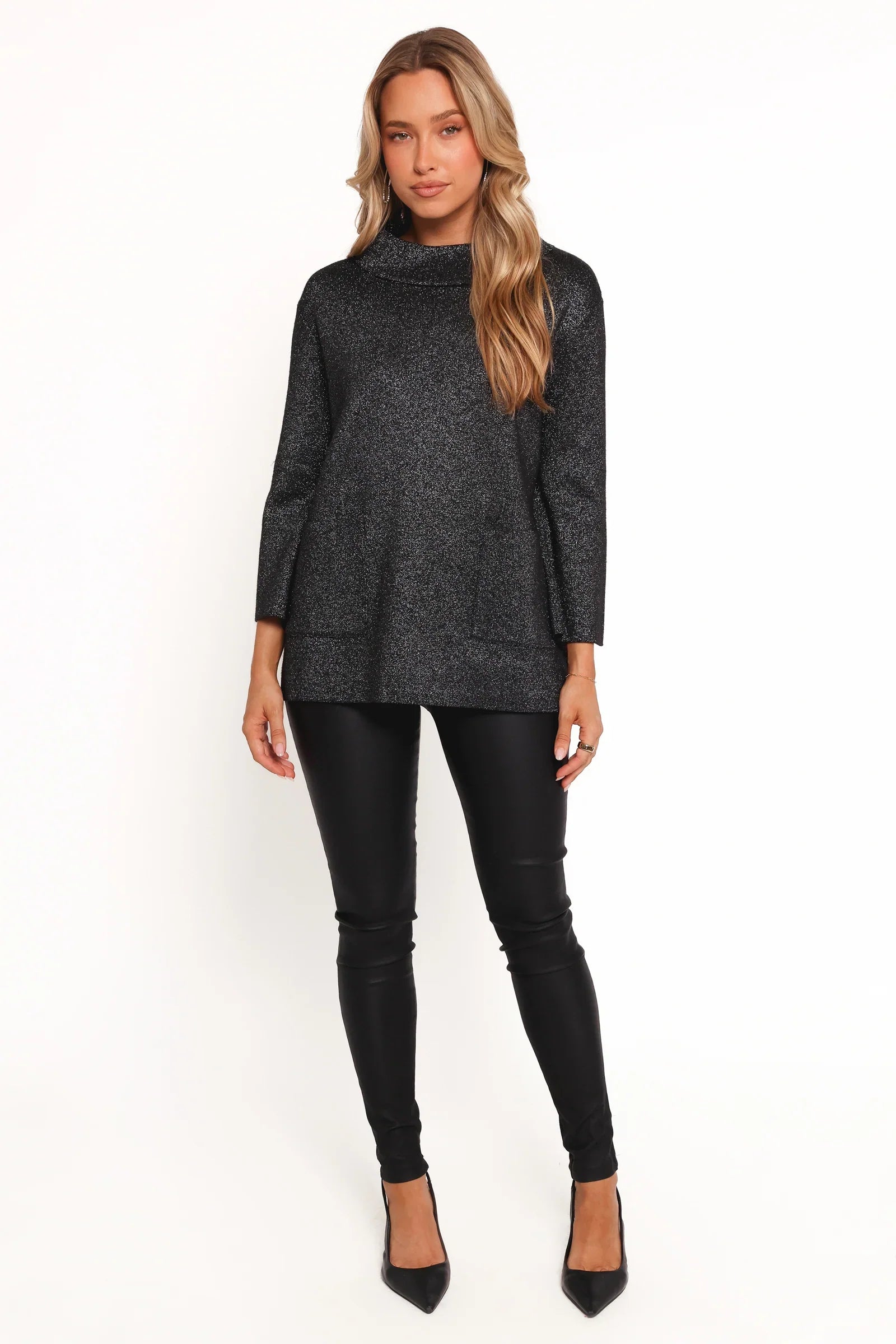 Tassie Cowlneck Lurex Shimmer Knit Sweater Black