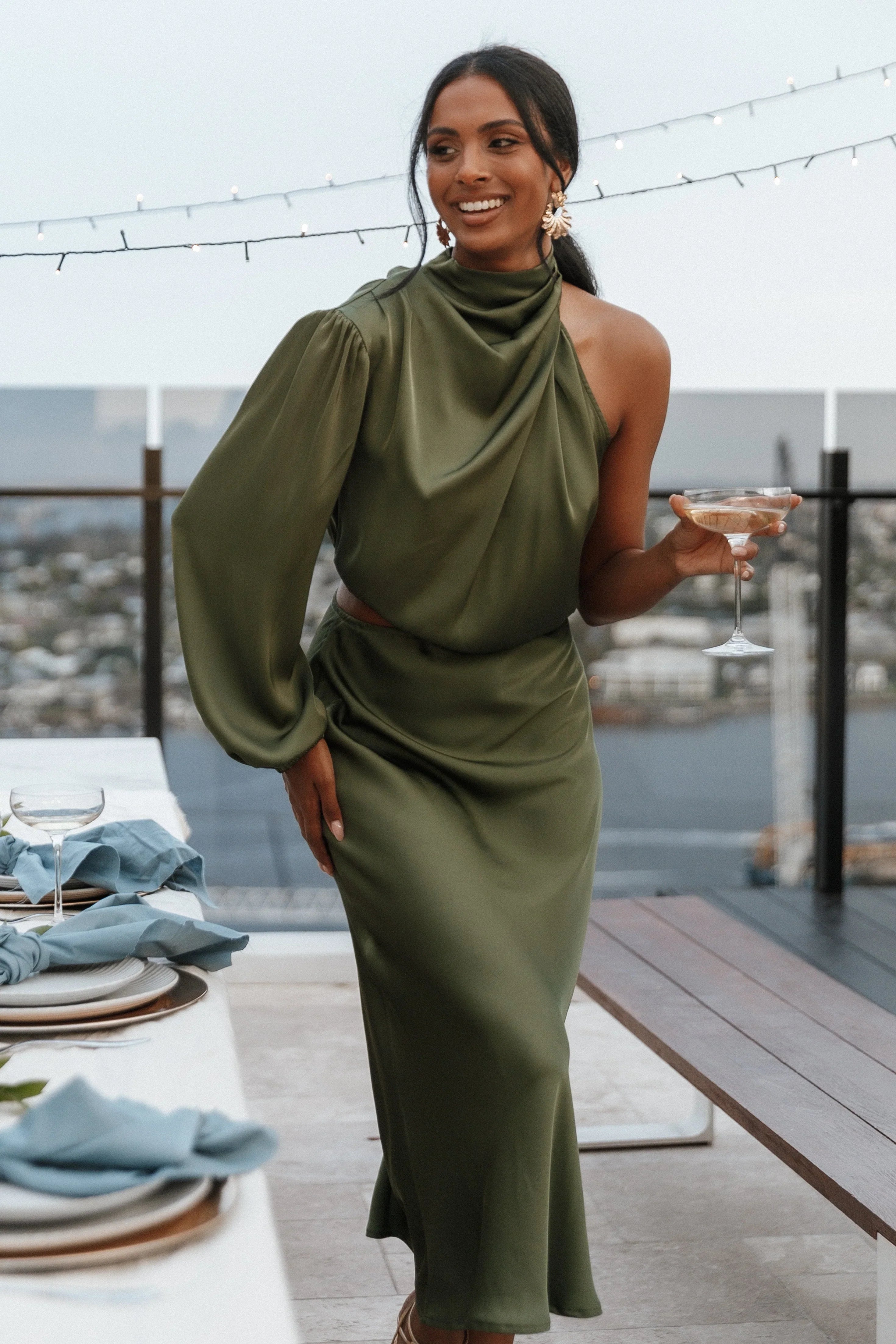 Amelie One Shoulder Midi Dress Olive