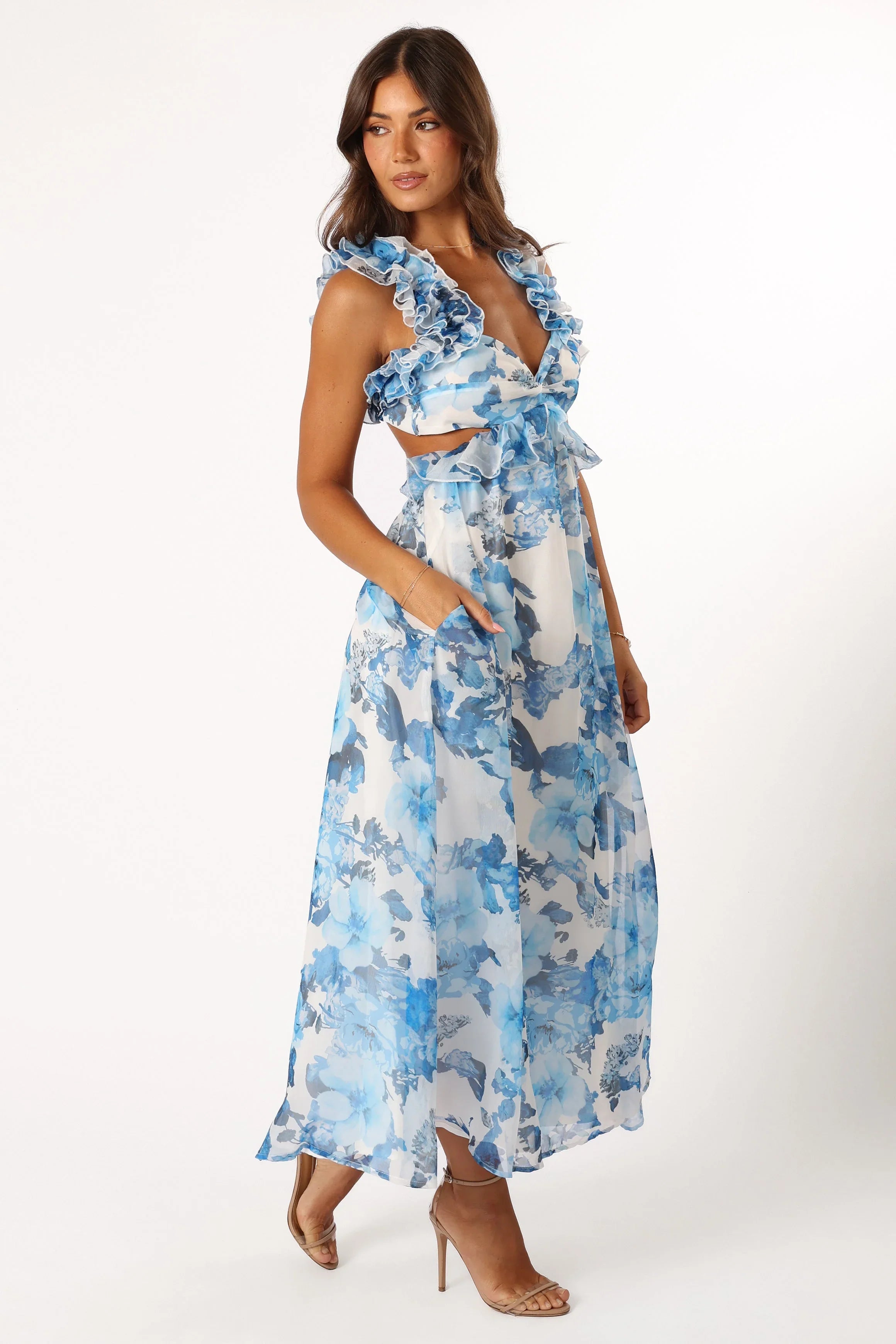 Lucah Frill Shoulder Maxi Dress Blue White Floral