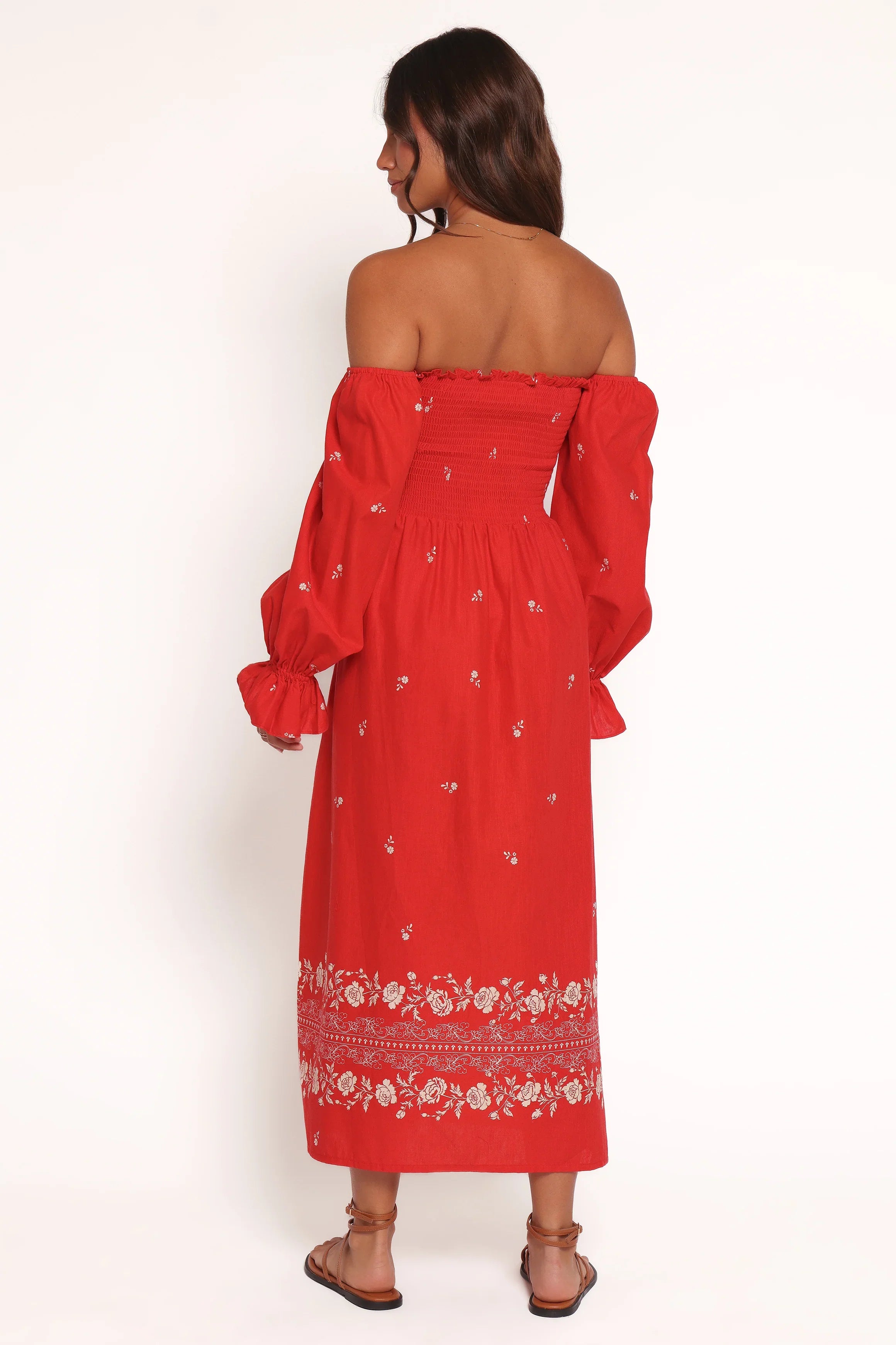 Domenica Shirred Long Sleeve Midi Dress Red Floral Bandana