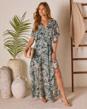 Blue Lagoon Abstract Kimono Sleeve Maxi Dress