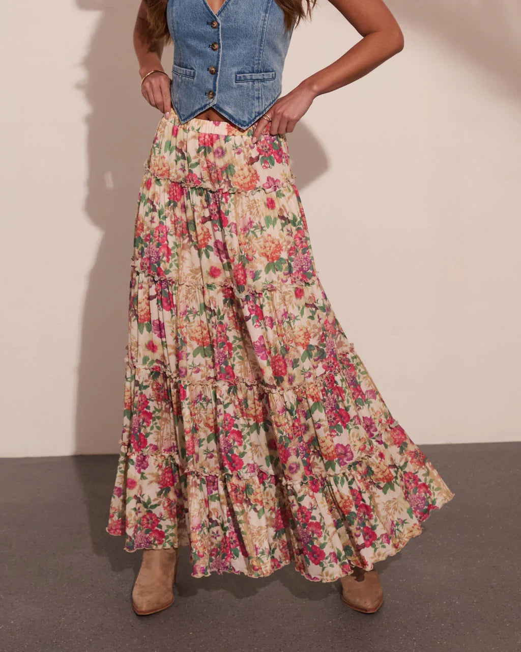 Honey Daze Tiered Floral Mesh Maxi Skirt