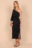 Pontee One Shoulder Pleated Midi Dress Black