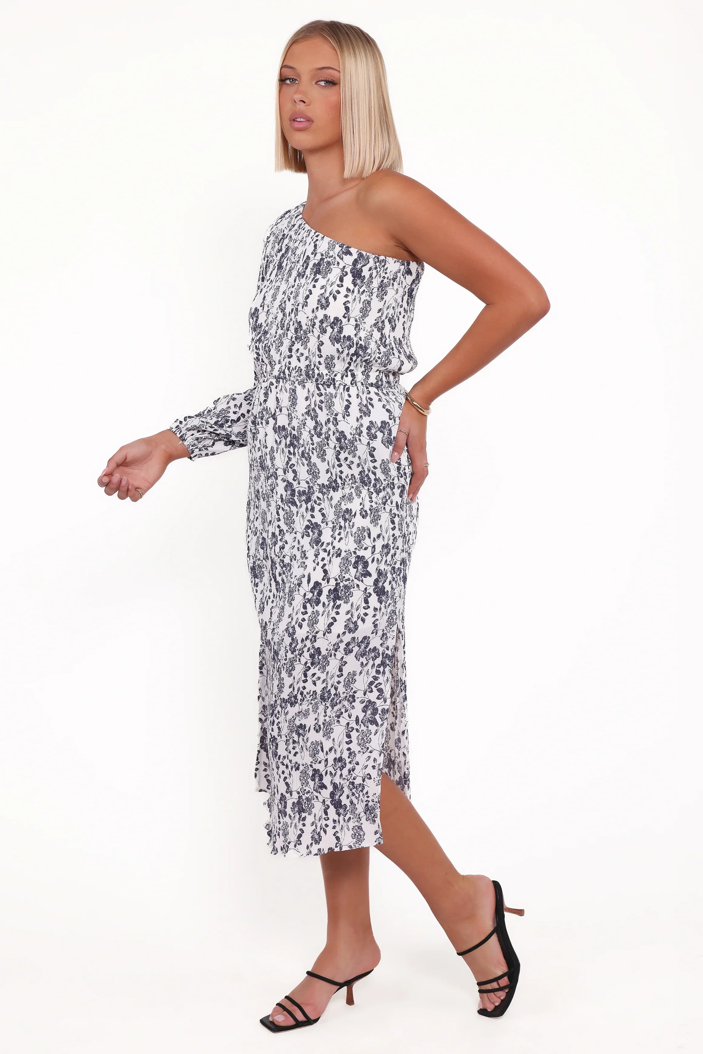 Pontee One Shoulder Pleated Midi Dress Navy Floral