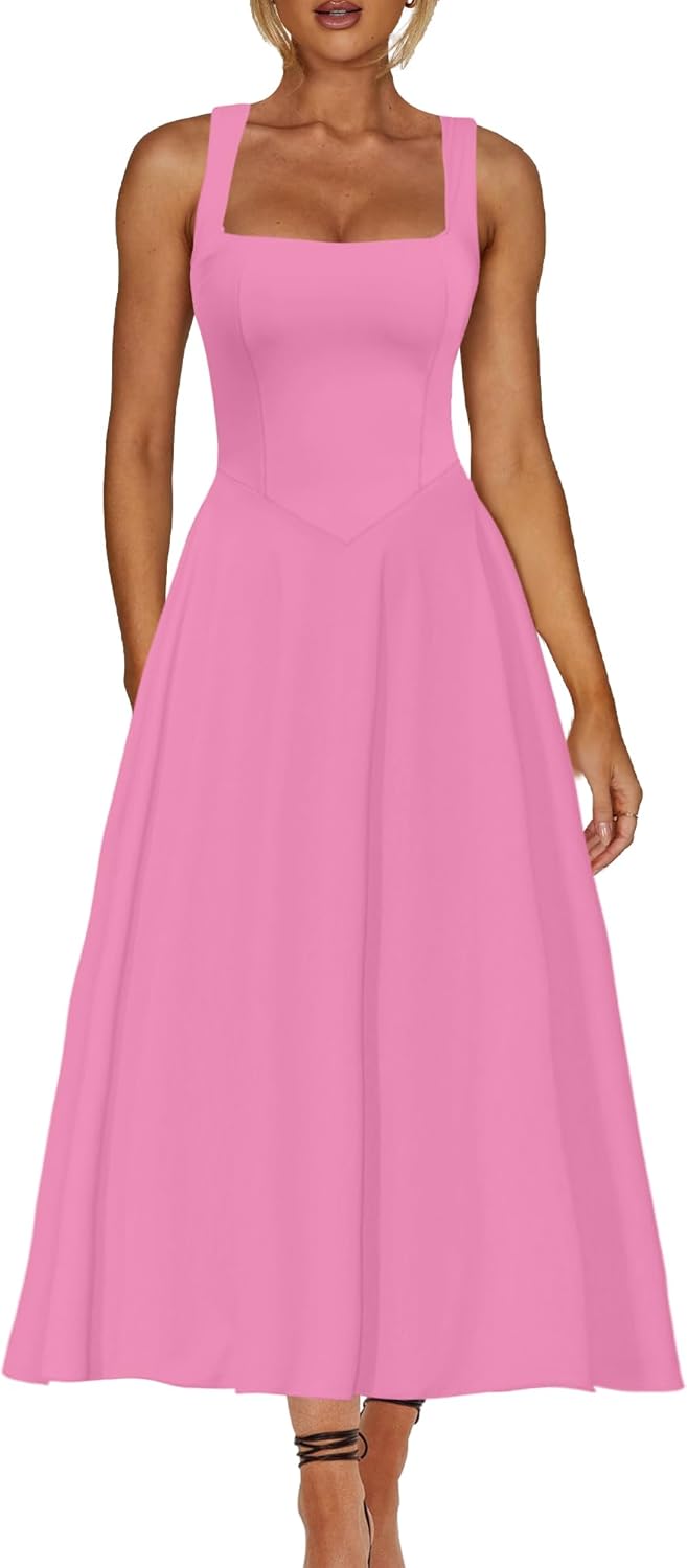 Square Neck Sleeveless A Line Maxi Dress Smocked Ruffle Flowy Casual Long Dresses