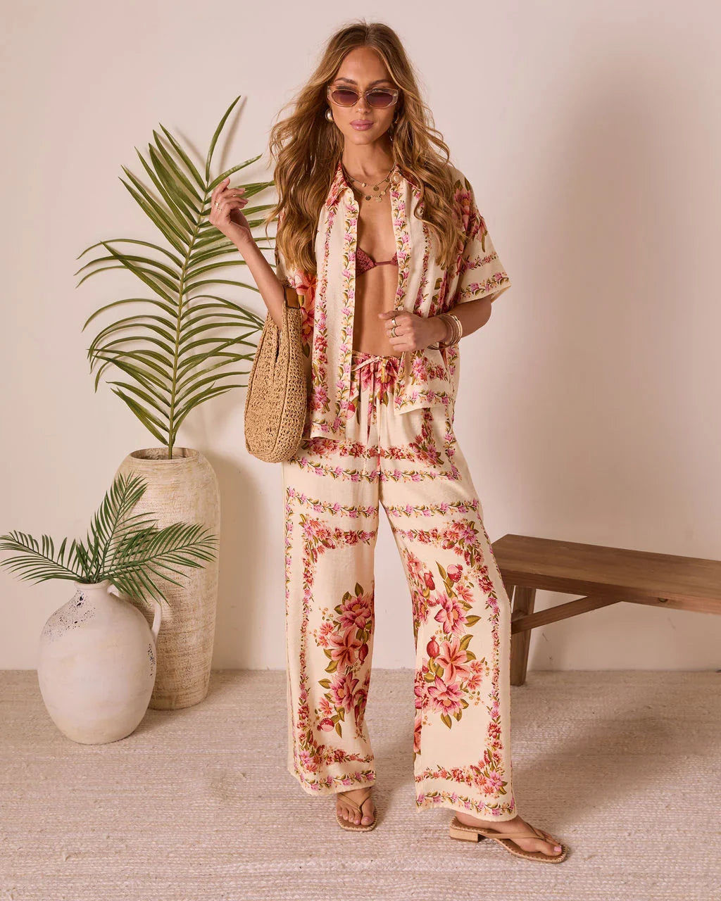 Hibiscus Haze Abstract Printed Button Up Top