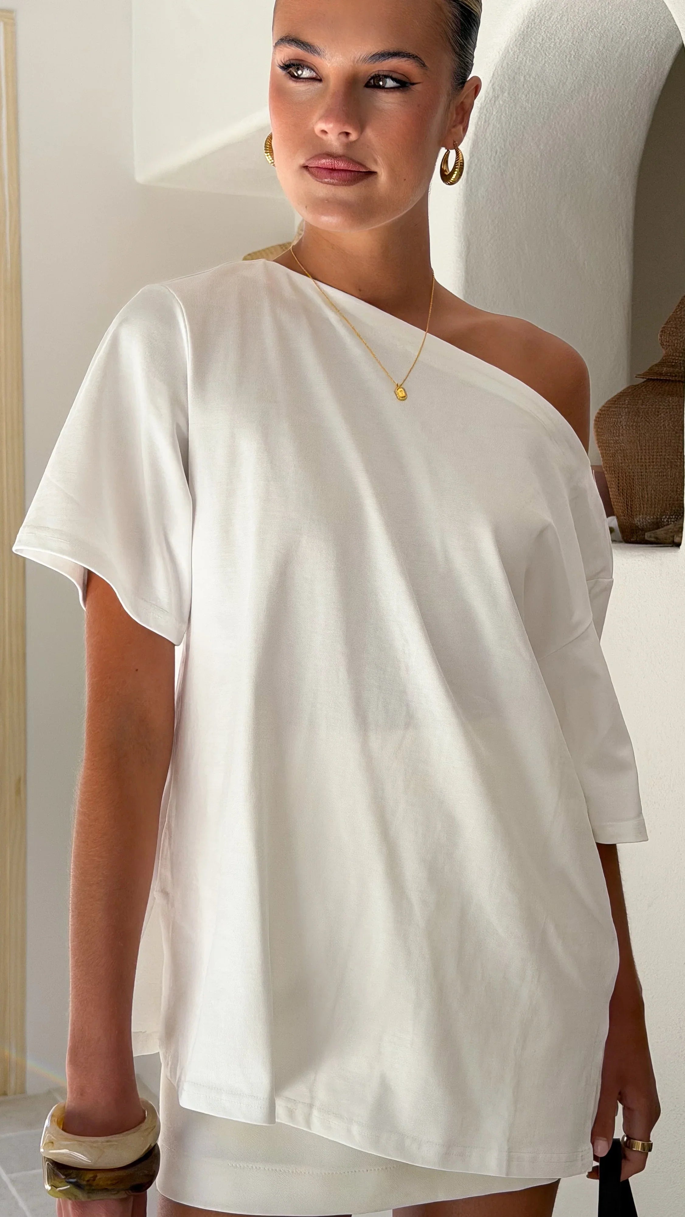 Pia One Shoulder Oversize Tee White