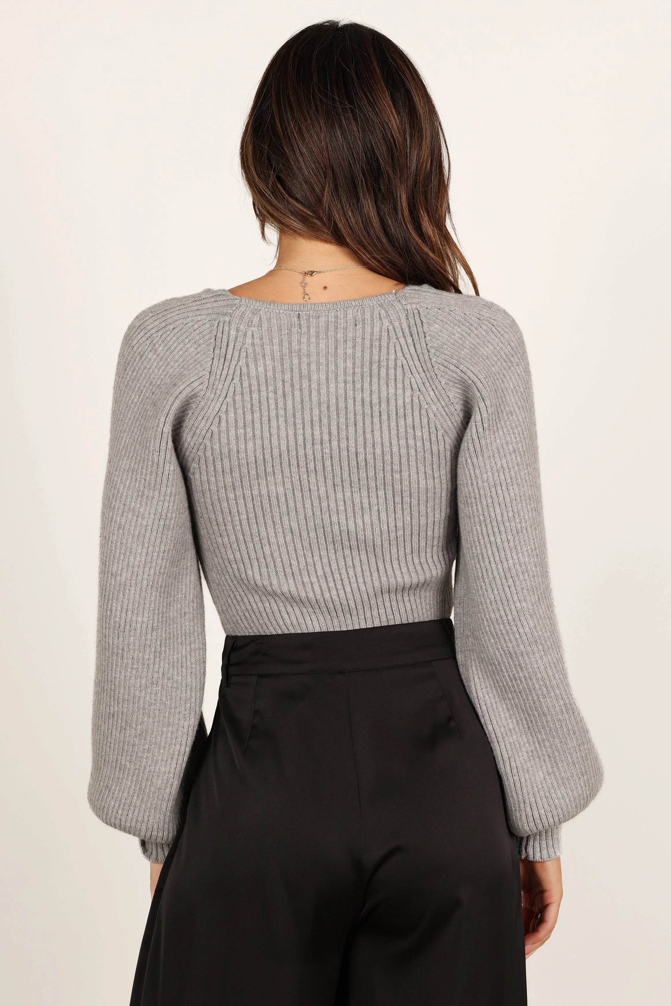 Gia Sweetheart Neck Bell Sleeve Knit Sweater Light Grey