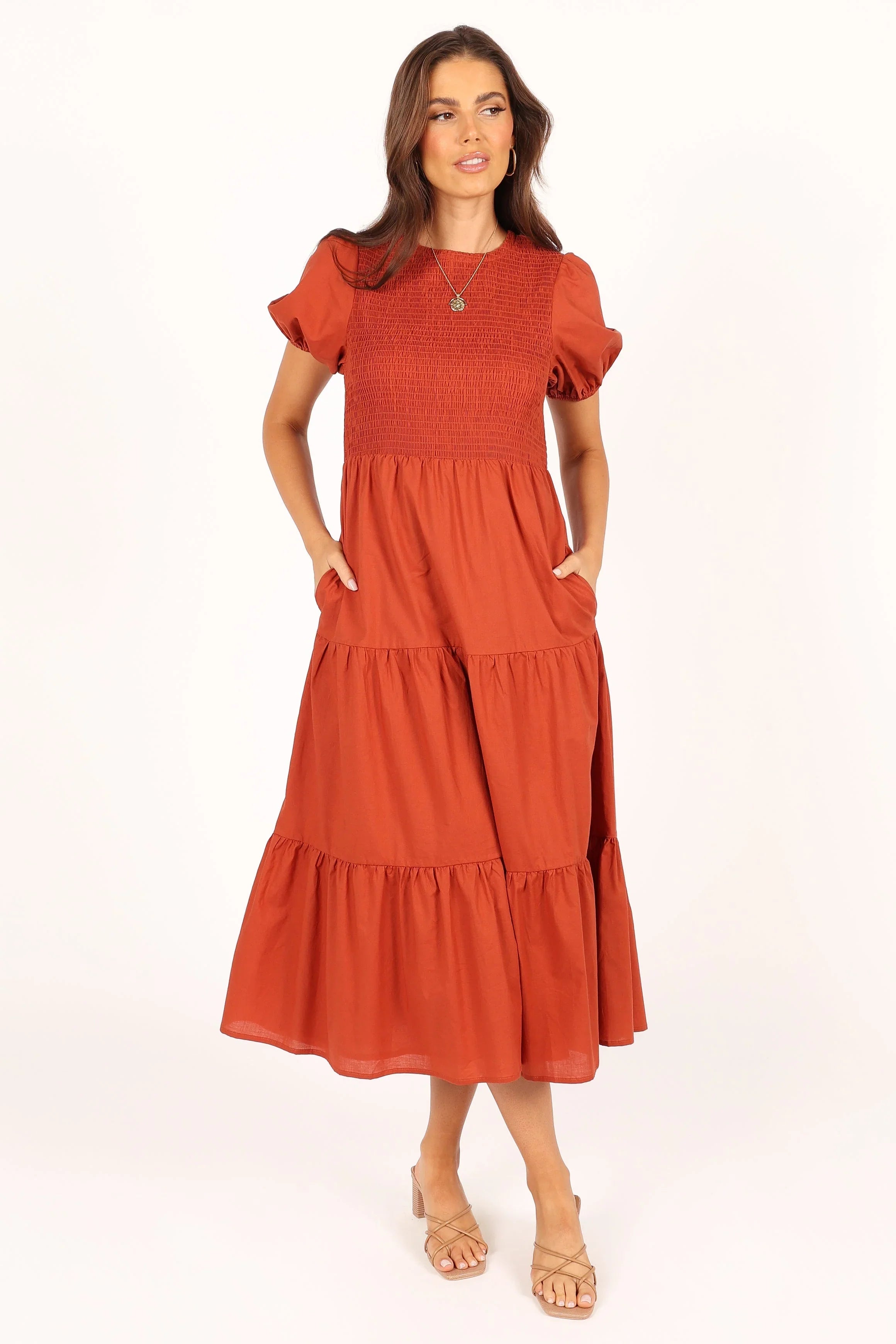 Naura Shirred Tiered Midi Dress Rust