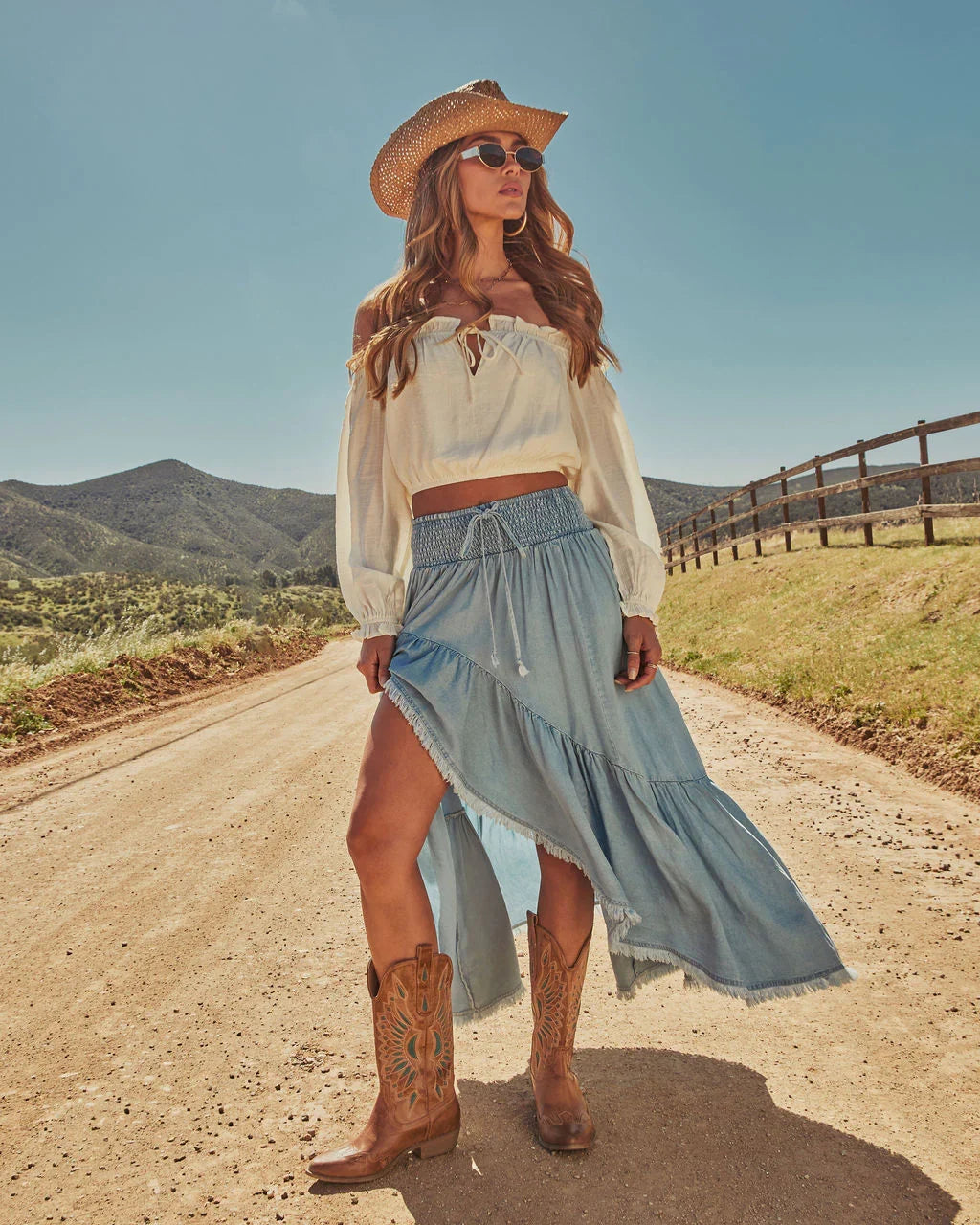 Prairie Rebel Frayed High Low Denim Maxi Skirt