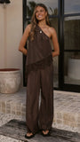 Baela One Shoulder Top Pants Set Chocolate