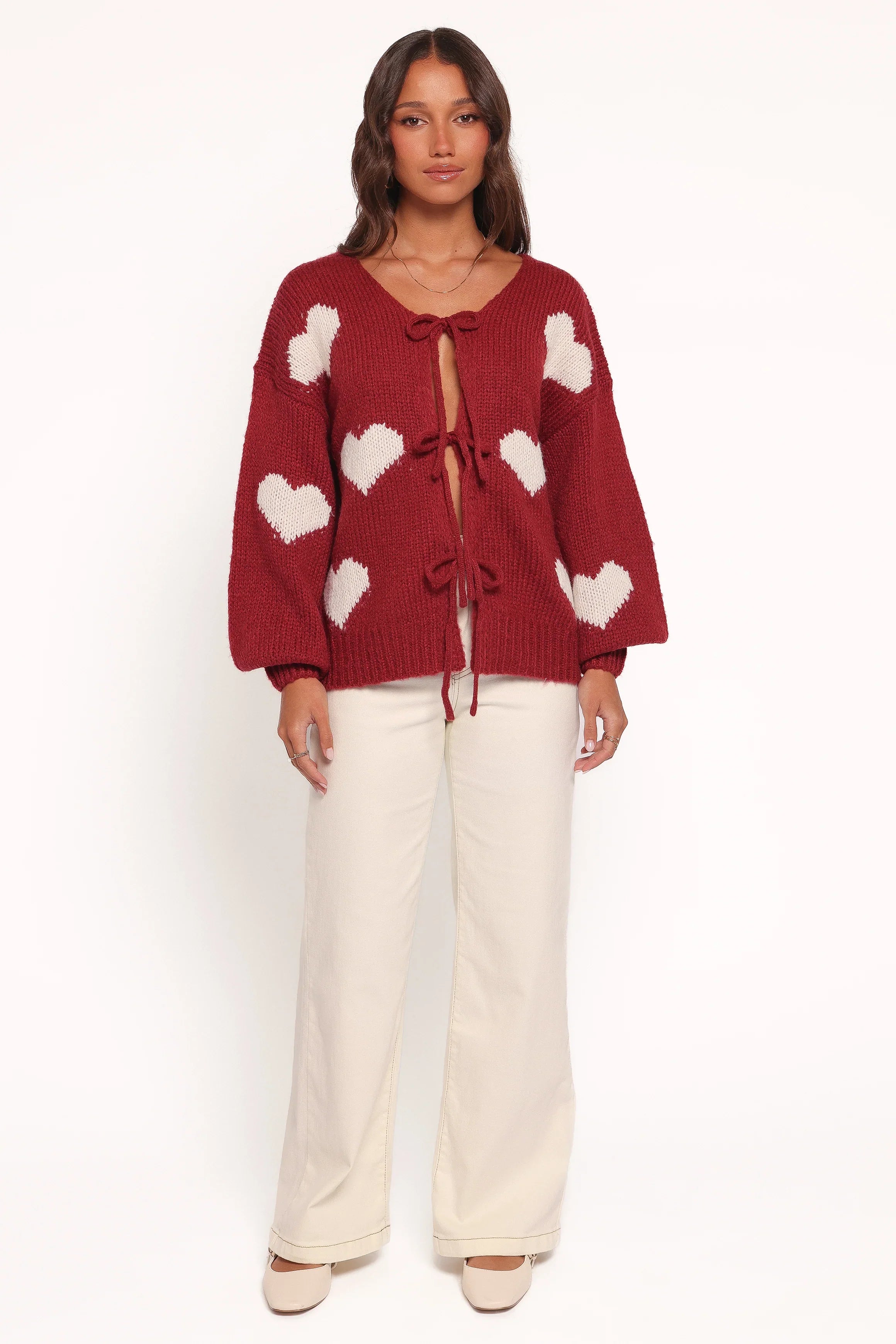 Nadine All Over Heart Tie Front Cardigan Wine