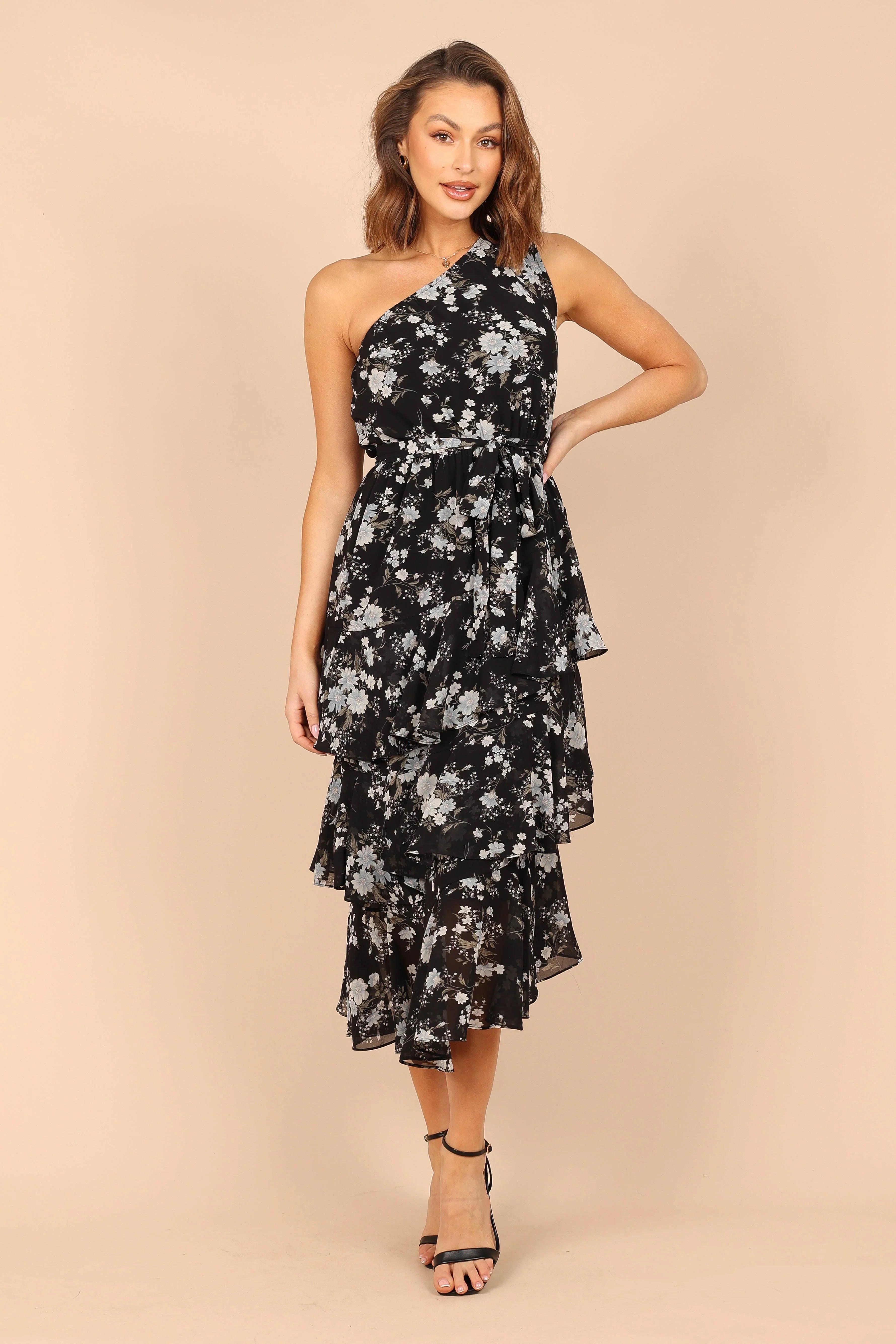 Brigette One Shoulder Tiered Midi Dress Black Floral