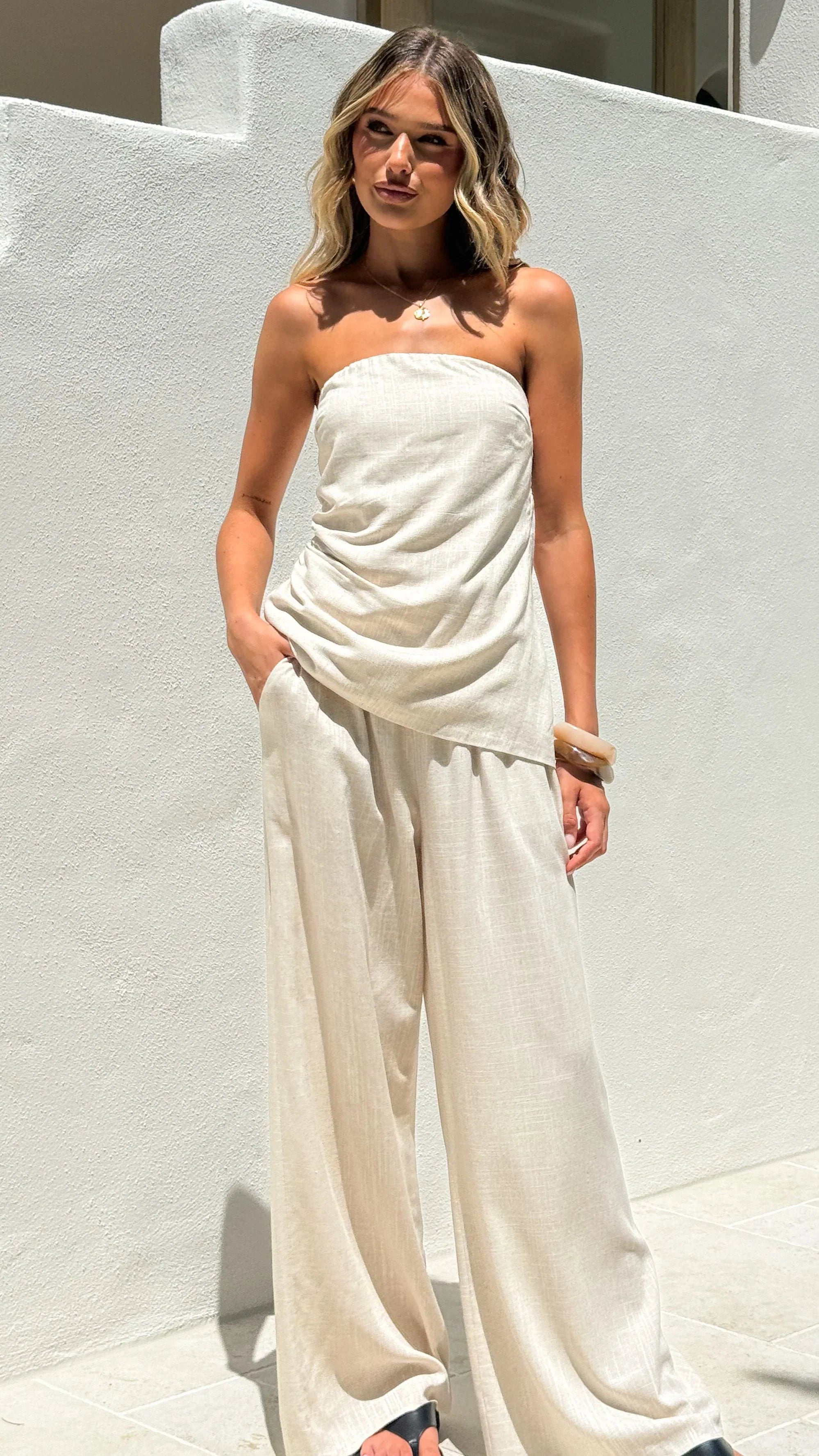 Yuki Strapless Top and Pants Set Oatmeal