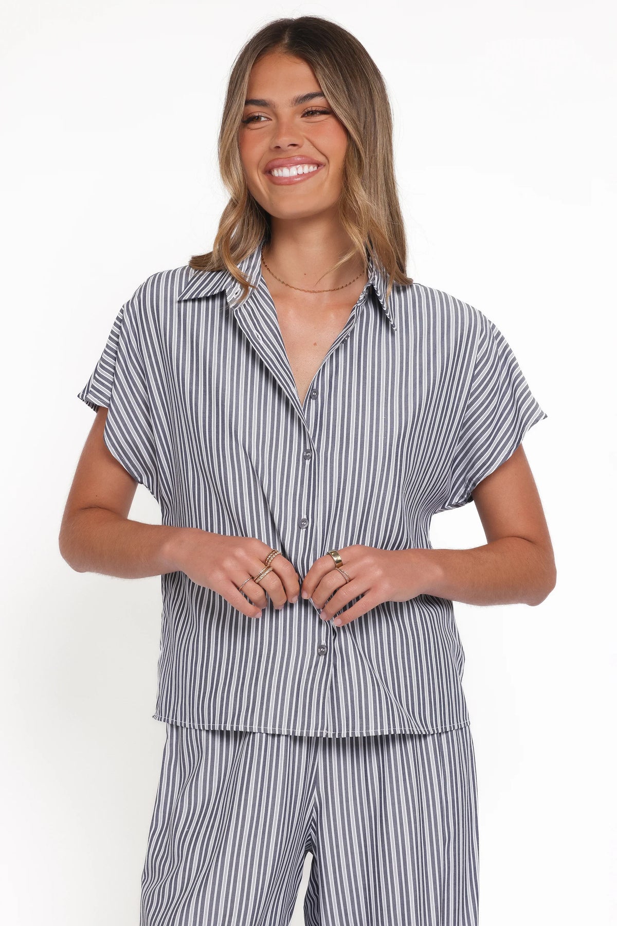 Melanie Pant Set Charcoal Stripe